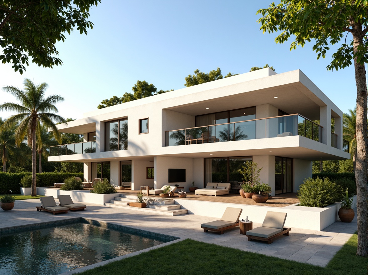 Prompt: Luxurious villa, modernist facade, clean lines, minimal ornamentation, large windows, sliding glass doors, white stucco walls, flat roofs, cantilevered balconies, steel railings, lush greenery, tropical plants, palm trees, sunny day, soft warm lighting, shallow depth of field, 3/4 composition, panoramic view, realistic textures, ambient occlusion.