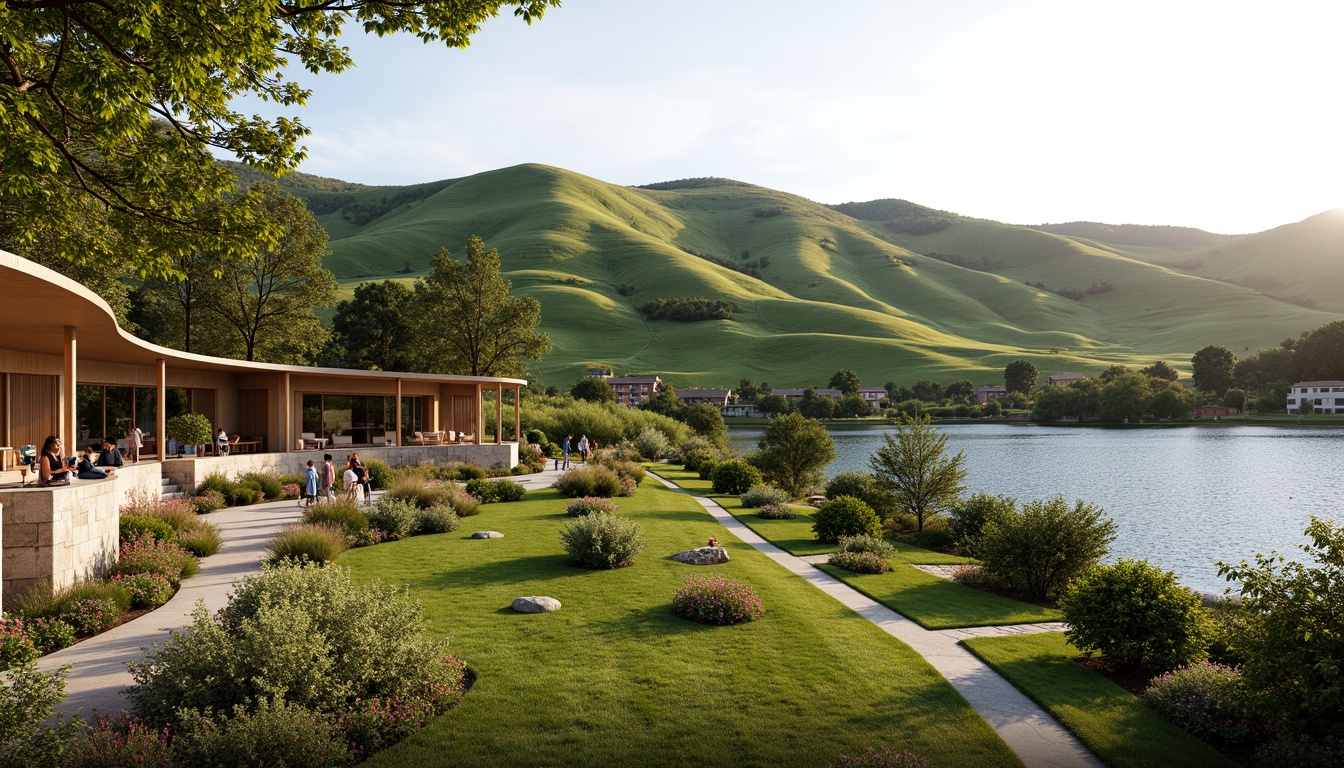 Prompt: Sweeping hills, lush greenery, serene lakeside, modern architecture, curved lines, cantilevered roofs, large windows, sliding glass doors, natural stone walls, wooden accents, vibrant flowers, walking trails, outdoor seating areas, soft warm lighting, shallow depth of field, 3/4 composition, panoramic view, realistic textures, ambient occlusion.