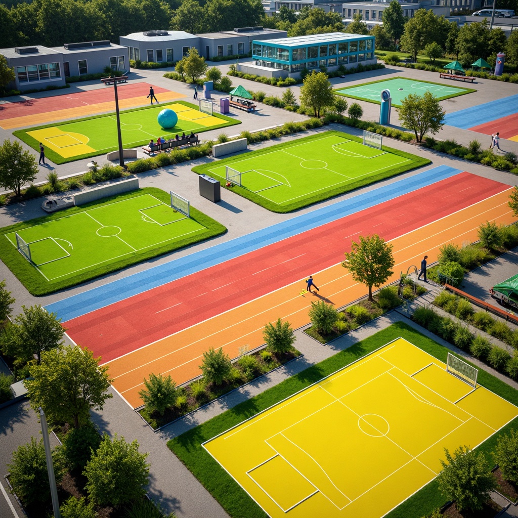 Prompt: Vibrant sports fields, eclectic color palette, bold stripes, bright yellows, deep blues, energetic oranges, lime greens, dynamic patterns, abstract shapes, modern athletic facilities, sleek track lanes, professional soccer goals, basketball courts, tennis nets, baseball diamonds, lush green grass, natural earthy tones, sunny day, soft warm lighting, shallow depth of field, 3/4 composition, panoramic view, realistic textures, ambient occlusion.