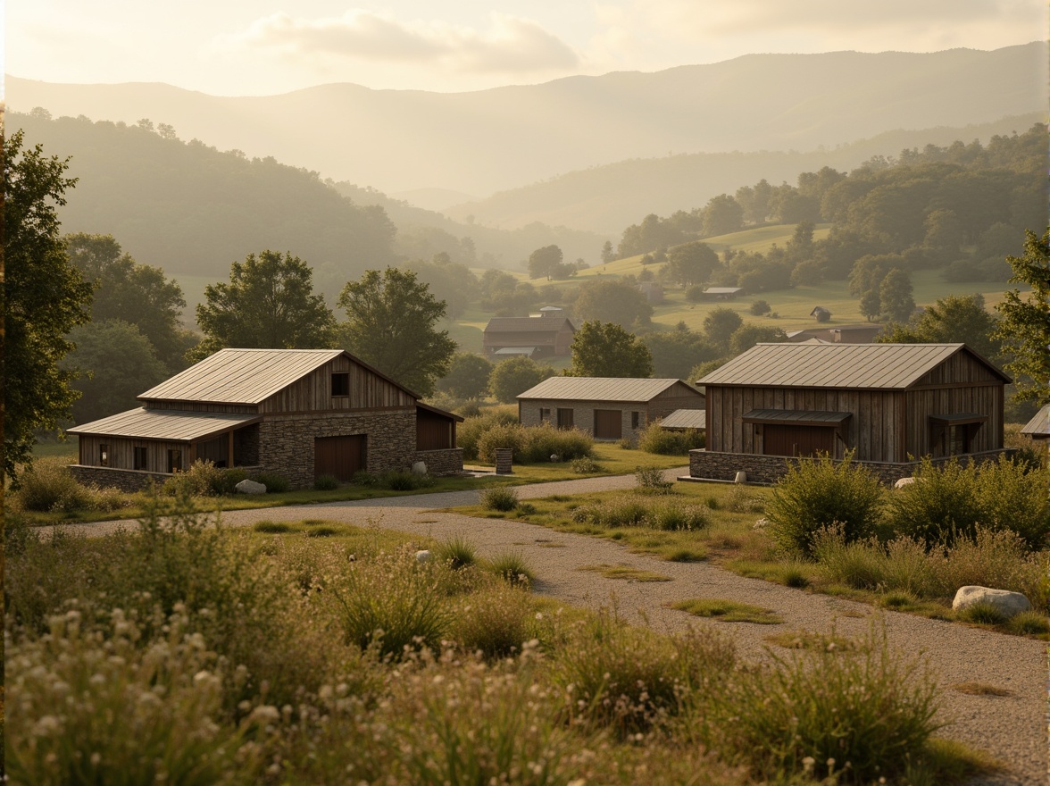 Prompt: Rustic rural landscape, earthy tones, warm beige, soft sage, muted terracotta, weathered wood textures, natural stone walls, vintage metal roofs, wildflower fields, rolling hills, serene countryside, misty morning, golden hour lighting, shallow depth of field, 1/2 composition, intimate focus, realistic atmosphere, subtle color grading.