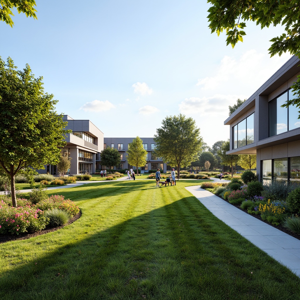 Prompt: Serene suburban landscape, lush green lawns, vibrant flowering shrubs, meandering walkways, modern laboratory buildings, sleek glass facades, minimalist landscaping, native plant species, natural stone accents, wooden benches, educational signage, sunny day, soft warm lighting, shallow depth of field, 3/4 composition, panoramic view, realistic textures, ambient occlusion.