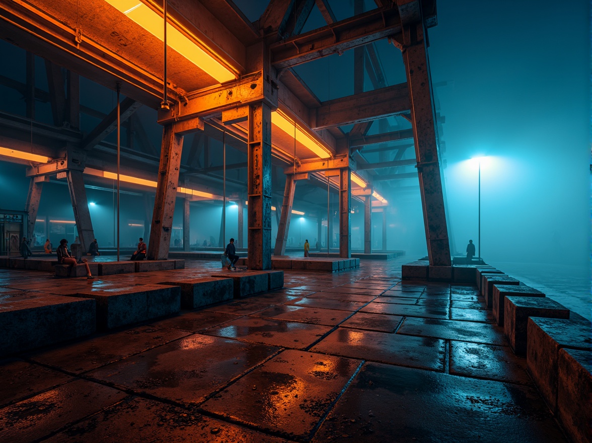 Prompt: Vibrant orange suspension cables, deep blue steel beams, warm golden lighting, misty atmospheric effects, rugged stone piers, dynamic curved lines, bold geometric shapes, distressed metal textures, eerie nighttime ambiance, high-contrast color palette, dramatic shadows, cinematic composition, 1/2 framing, low-key lighting, mysterious foggy atmosphere.