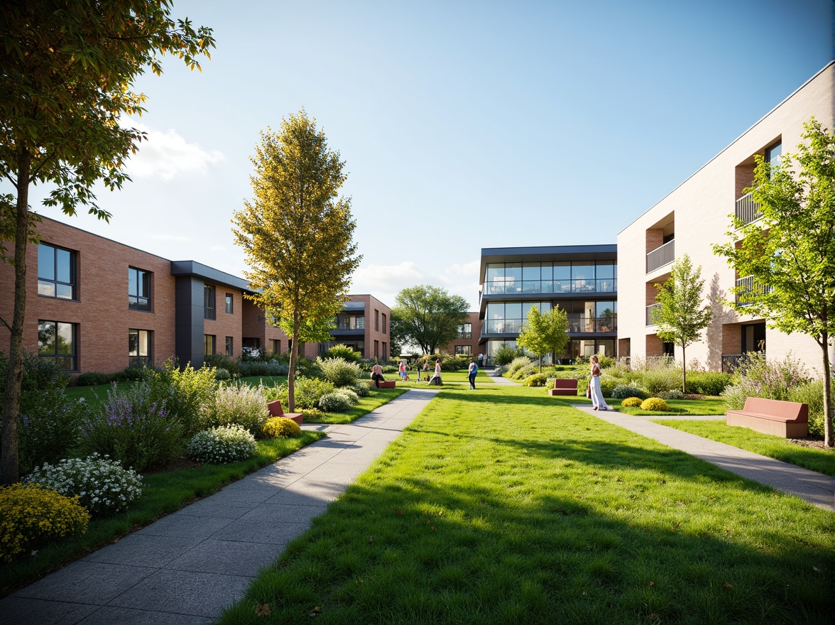 Prompt: Serene suburban landscape, lush green lawns, vibrant flowering shrubs, meandering walkways, modern laboratory buildings, sleek glass facades, minimalist landscaping, native plant species, natural stone accents, wooden benches, educational signage, sunny day, soft warm lighting, shallow depth of field, 3/4 composition, panoramic view, realistic textures, ambient occlusion.