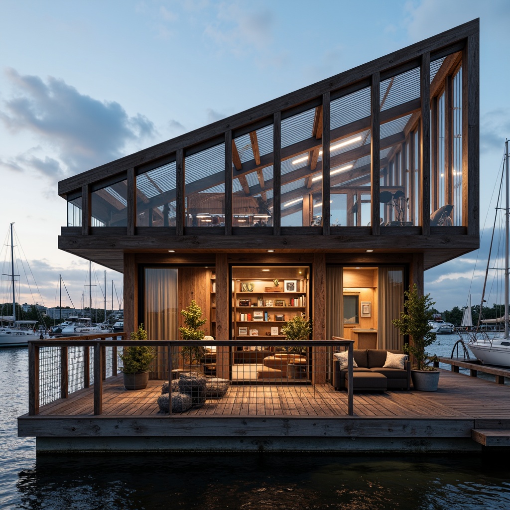 Prompt: Waterfront boathouse, rustic wooden dock, nautical ropes, sailboat masts, weathered wood accents, corrugated metal roofing, glass-enclosed observation deck, cantilevered upper floor, angular steel beams, industrial-style lighting fixtures, reclaimed wood interior, cozy reading nooks, plush furnishings, warm ambient lighting, shallow depth of field, 1/1 composition, realistic textures, soft focus effect.