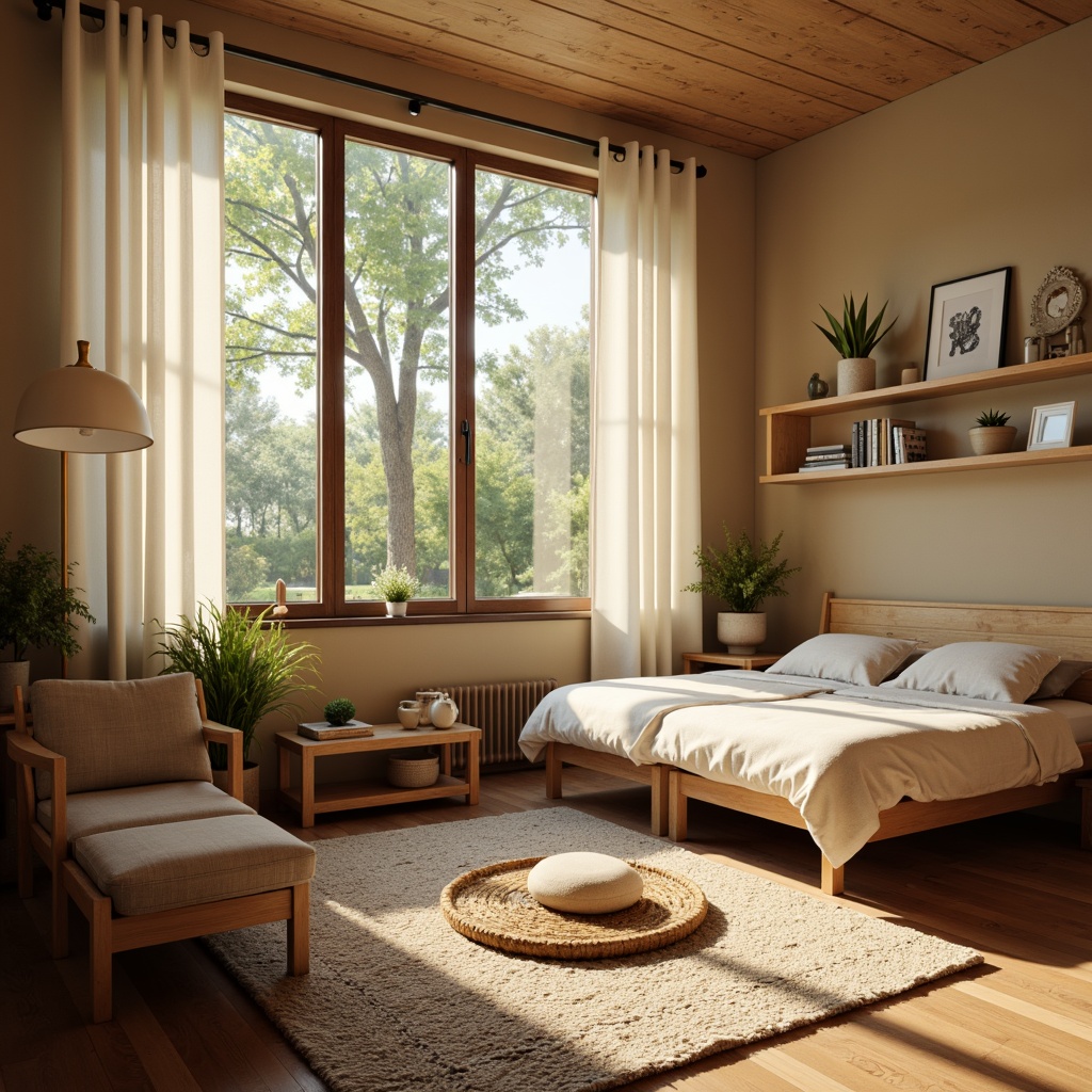 Prompt: Cozy dorm room, large windows, soft natural light, warm beige walls, comfortable bedding, wooden furniture, plants on shelves, gentle morning sunbeams, calming atmosphere, relaxing ambiance, soft shadows, 1/1 composition, shallow depth of field, realistic textures, ambient occlusion.