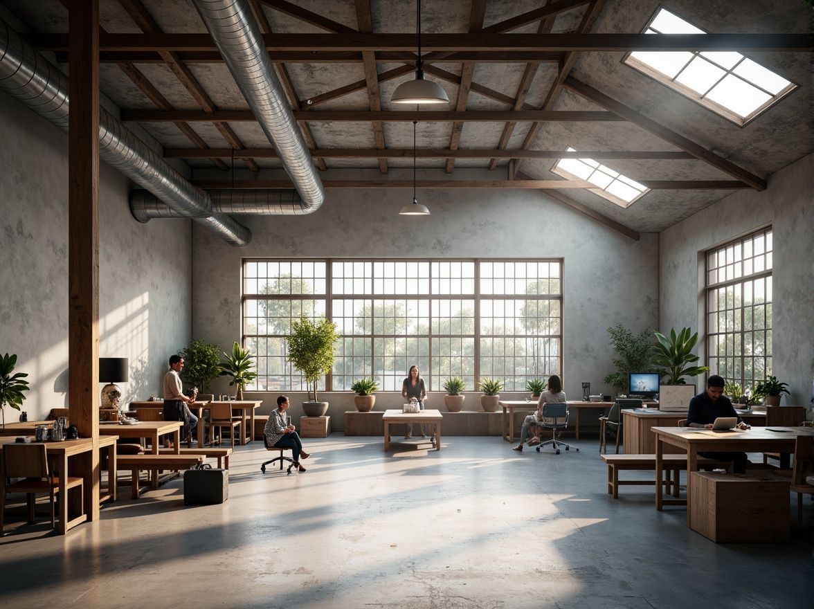 Prompt: Industrial factory setting, minimalist aesthetic, exposed ductwork, polished concrete floors, steel beams, large windows, clerestory windows, skylights, natural light pouring in, soft warm glow, subtle shadows, industrial chic decor, reclaimed wood accents, metal machinery, functional simplicity, open floor plan, collaborative workspaces, modern LED lighting, subtle color palette, neutral tones, airy atmosphere, shallow depth of field, 1/1 composition, realistic textures, ambient occlusion.