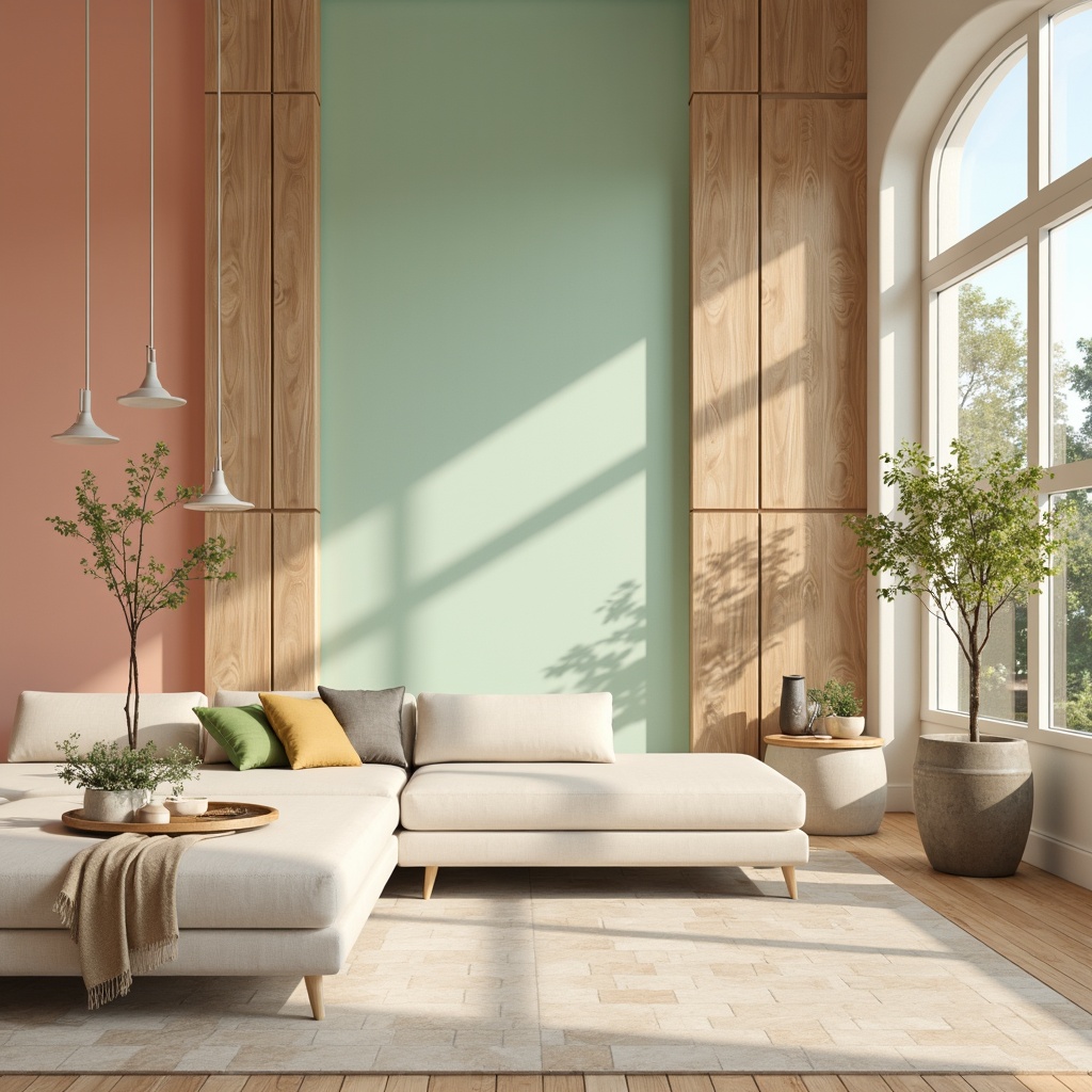 Prompt: Vibrant pastel hues, soft peach tones, calming mint greens, creamy whites, warm beige accents, rich wood textures, natural stone patterns, elegant metallic finishes, subtle gradient effects, atmospheric lighting, shallow depth of field, 2/3 composition, realistic renderings, ambient occlusion.