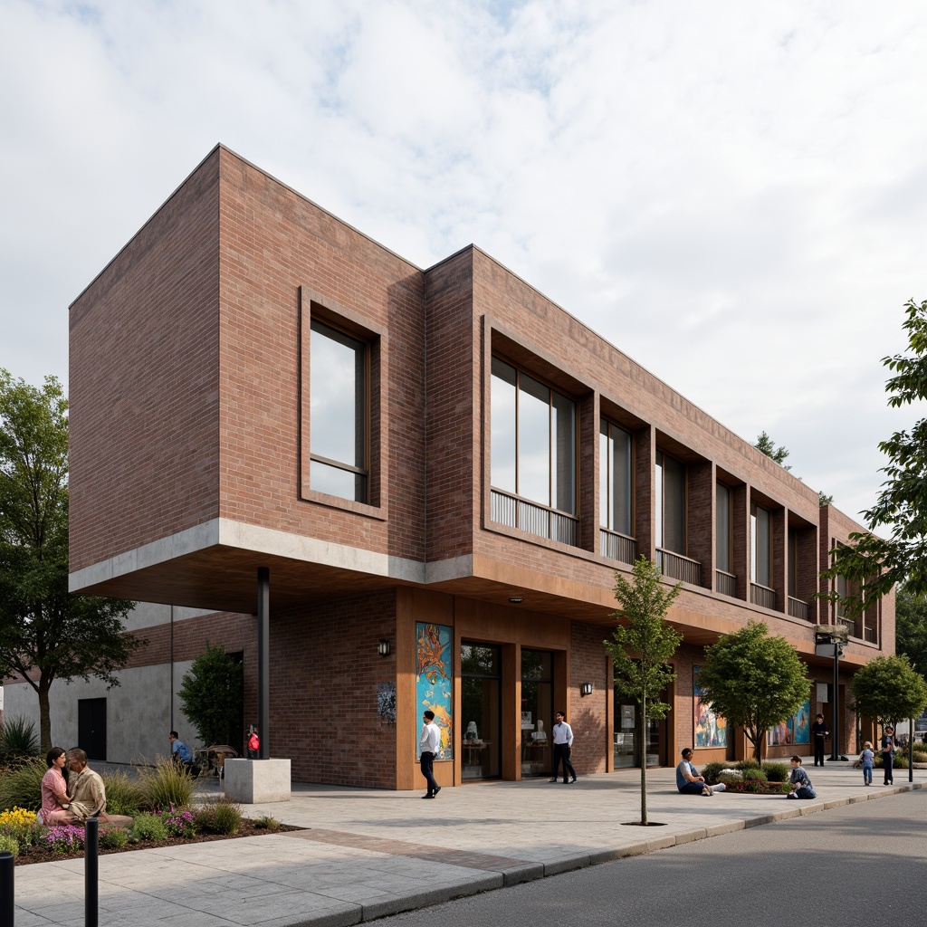 Prompt: Rustic community center, Bauhaus-inspired facade, rectangular forms, clean lines, industrial materials, exposed brick walls, steel beams, large windows, minimalist ornamentation, functional simplicity, earthy color palette, natural textures, communal outdoor spaces, vibrant street art, urban landscape, cloudy day, soft diffused lighting, shallow depth of field, 2/3 composition, realistic rendering.