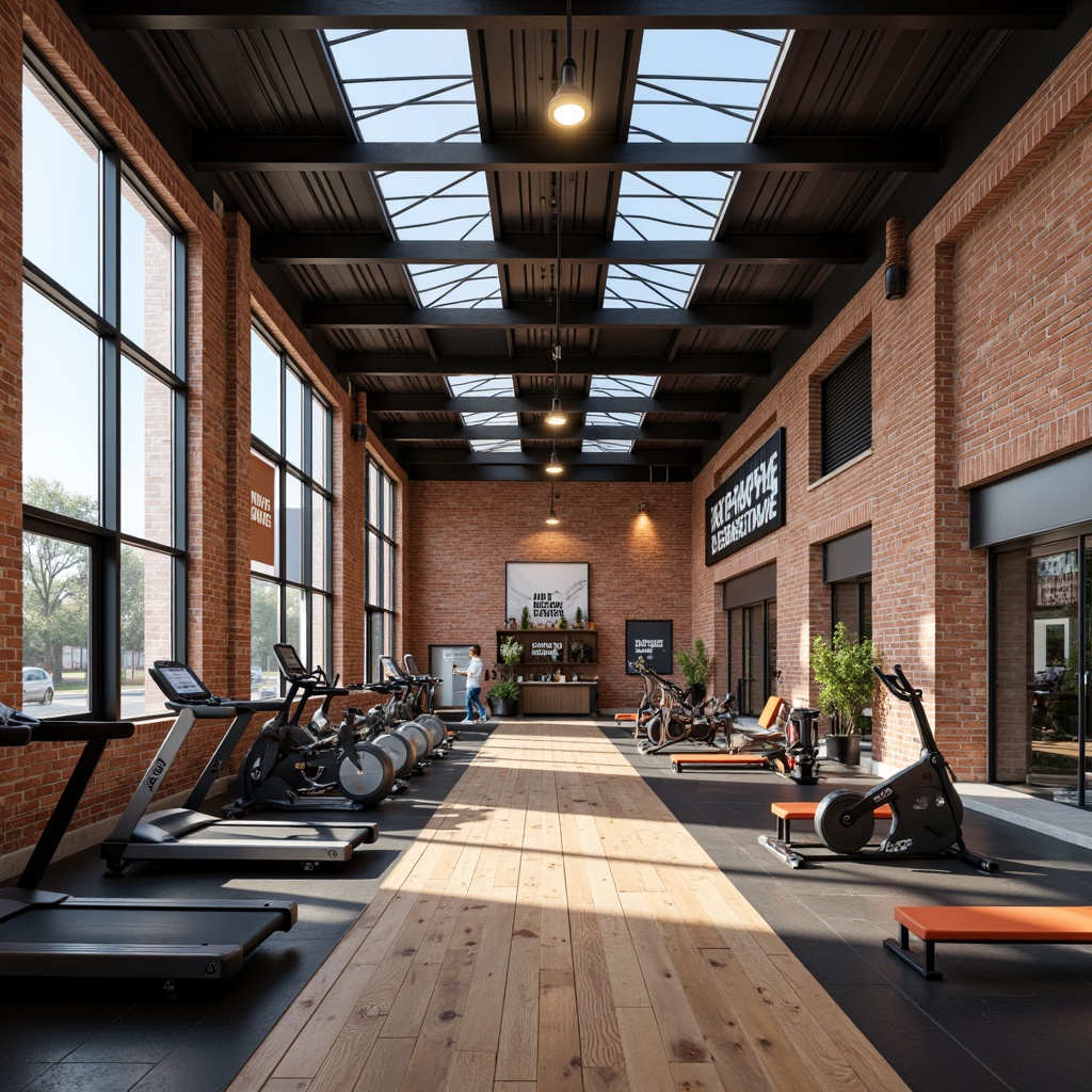 Prompt: Industrial chic fitness club, exposed brick walls, metal beams, reclaimed wood floors, modern gym equipment, free weights, treadmills, exercise bikes, natural stone accents, large windows, skylights, abundant daylight, warm soft lighting, high ceilings, open spaces, minimalist decor, urban loft atmosphere, vibrant color schemes, motivational quotes, fitness trackers, mirrored walls, rubber flooring, sound systems, energetic ambiance, dynamic camera angles, shallow depth of field, 1/2 composition, realistic textures, ambient occlusion.