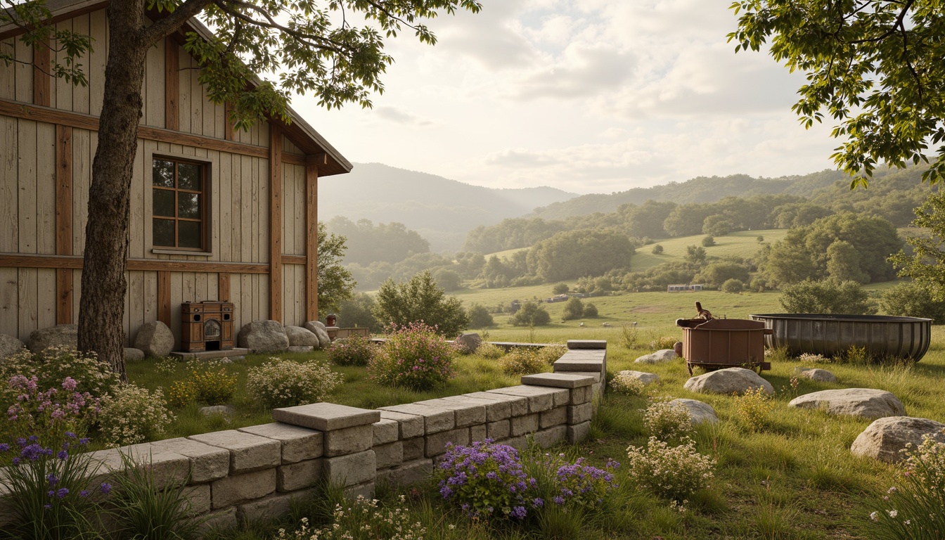 Prompt: Rustic rural landscape, earthy tones, warm beige, soft sage, mossy green, weathered wood textures, vintage metal accents, distressed stone walls, wildflower fields, rolling hills, serene countryside, misty morning light, soft focus, shallow depth of field, 1/2 composition, naturalistic colors, organic shapes, whimsical patterns.