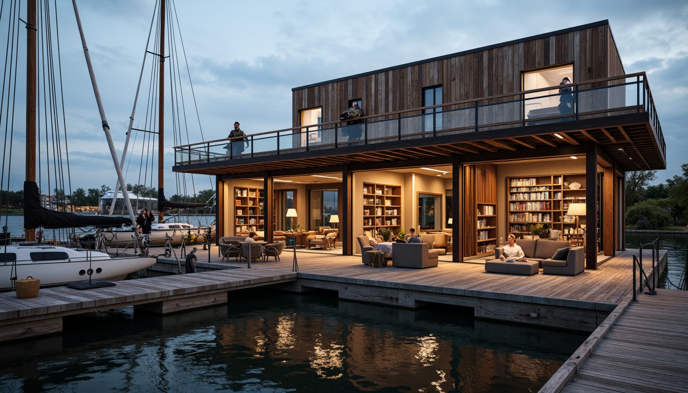 Prompt: Waterfront boathouse, rustic wooden dock, nautical ropes, sailboat masts, weathered wood accents, corrugated metal roofing, glass-enclosed observation deck, cantilevered upper floor, angular steel beams, industrial-style lighting fixtures, reclaimed wood interior, cozy reading nooks, plush furnishings, warm ambient lighting, shallow depth of field, 1/1 composition, realistic textures, soft focus effect.