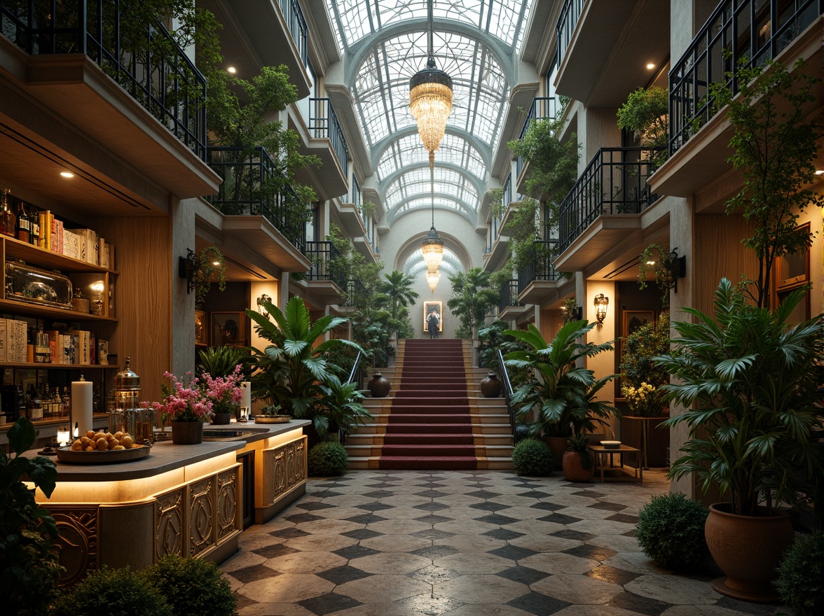 Prompt: Intricate ironwork, lush greenery, ornate chandeliers, grandiose archways, lavish furnishings, velvet drapes, gilded accents, marble countertops, crystal glassware, exotic flowers, tropical plants, misty atmosphere, soft warm lighting, shallow depth of field, 1/1 composition, realistic textures, ambient occlusion, luxurious ambiance, opulent decor, Baroque-inspired patterns, intricate carvings, ornate mirrors, grand staircase.