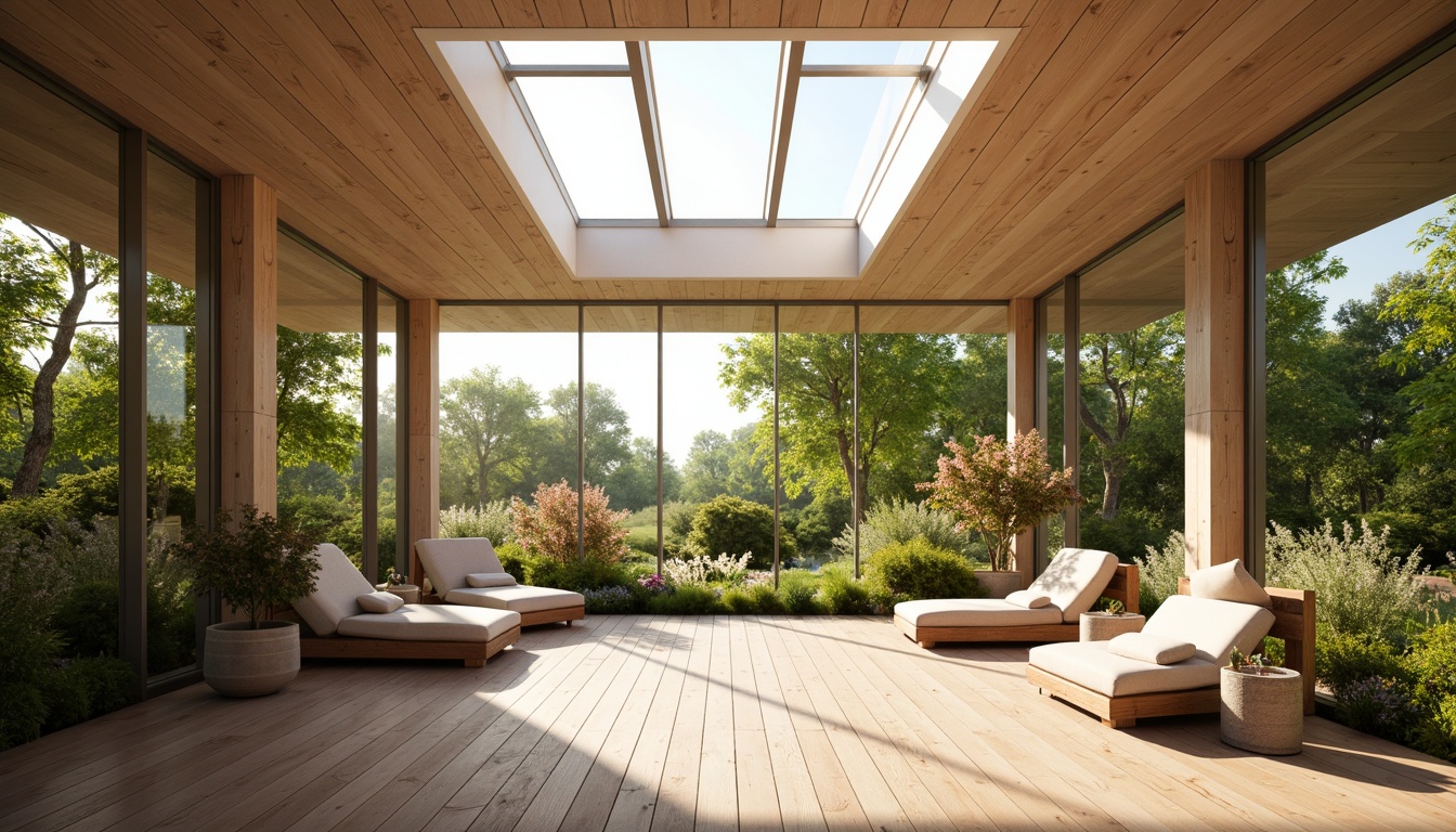 Prompt: Soft warm glow, large windows, minimal shading devices, clerestory windows, skylights, transparent roofs, bright airy atmosphere, natural ventilation, greenery views, blooming flowers, sunny day, gentle breeze, relaxed mood, calming ambiance, serene space, organic textures, earthy color palette, wooden accents, stone walls, minimalist decor, cozy nooks, reading areas, peaceful retreats, soft diffused light, warm color temperatures, 1/1 composition, shallow depth of field.