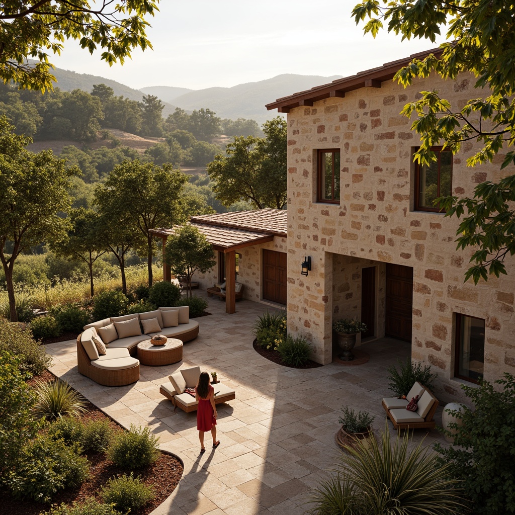 Prompt: Earthy winery social housing, rustic wooden accents, weathered stone walls, lush vineyard surroundings, rolling hills, warm golden lighting, cozy communal spaces, natural textiles, reclaimed wood furniture, earthy color palette, terracotta roofs, arched windows, Mediterranean-inspired architecture, soft morning light, shallow depth of field, 1/1 composition, realistic textures, ambient occlusion.