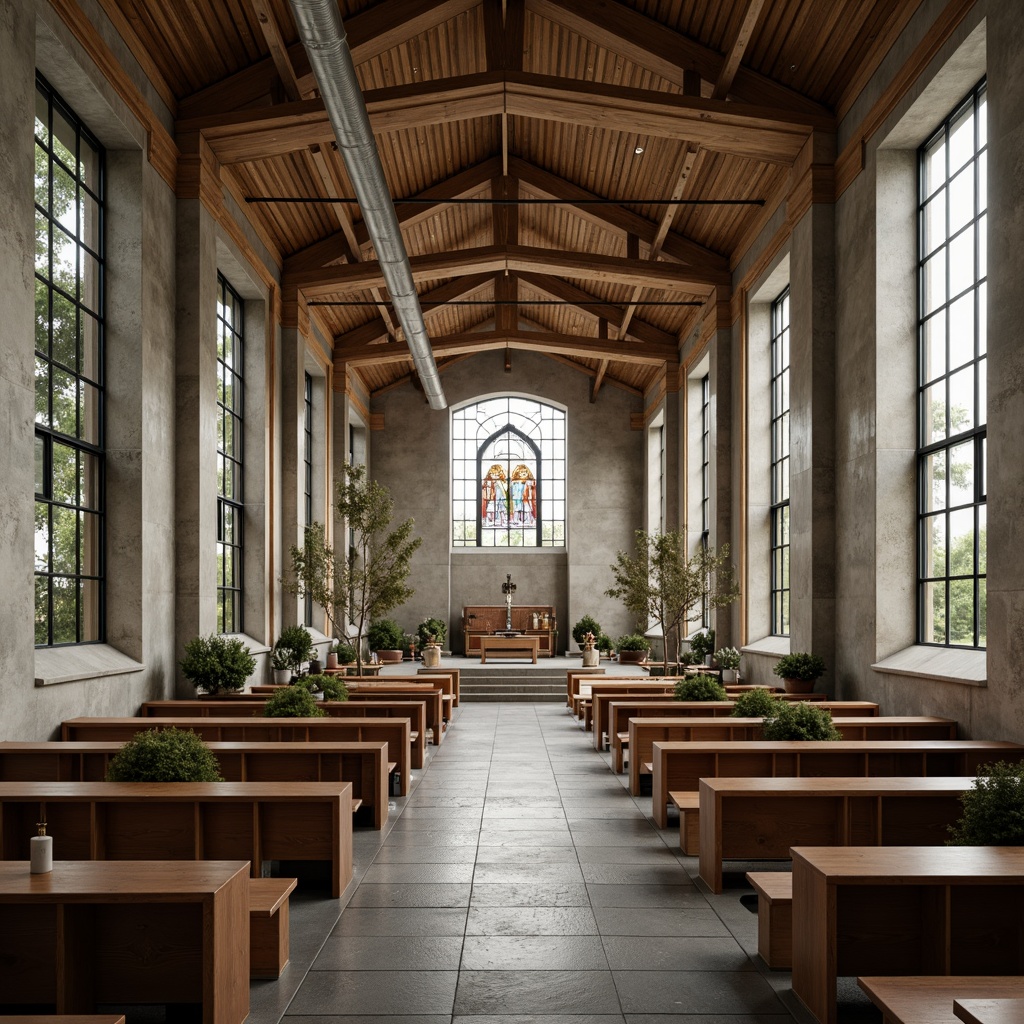 Prompt: Rustic church interior, brutalist architecture, raw concrete walls, exposed ductwork, industrial-style lighting, minimalist decor, functional spaces, communal seating areas, wooden pews, stone flooring, stained glass windows, natural light pouring in, dramatic ceiling heights, open floor plans, modern amenities, sleek metal accents, geometric patterns, earthy color palette, warm atmospheric lighting, shallow depth of field, 1/1 composition, realistic textures, ambient occlusion.