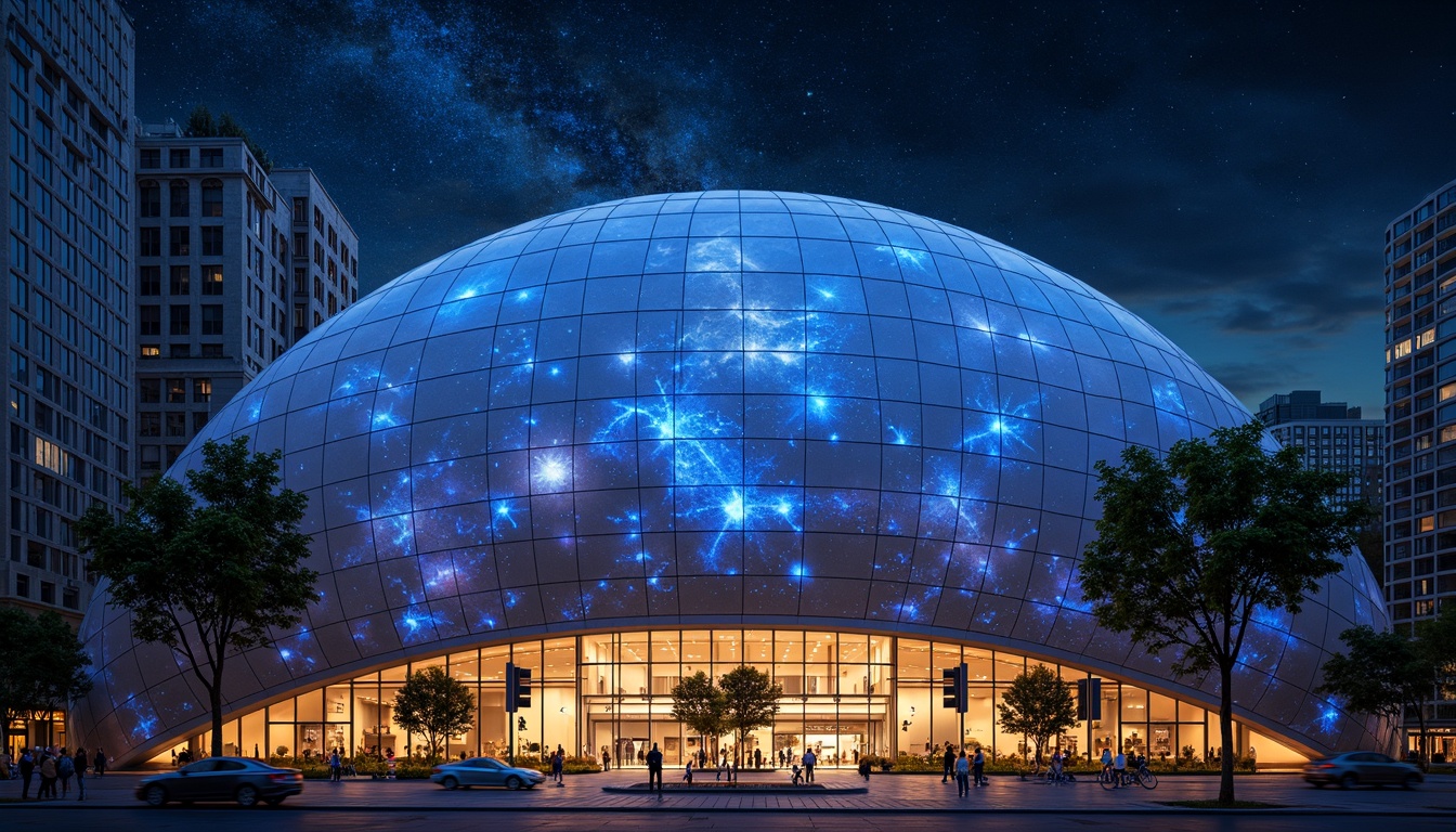 Prompt: Glowing planetarium dome, futuristic facade design, sleek metallic surfaces, neon-lit celestial patterns, starry night sky, modernist architecture, curved lines, geometric shapes, minimalist aesthetic, LED light installations, ambient lighting effects, shallow depth of field, 1/1 composition, panoramic view, realistic textures, ambient occlusion, urban cityscape, bustling streets, vibrant nightlife, cosmopolitan atmosphere.