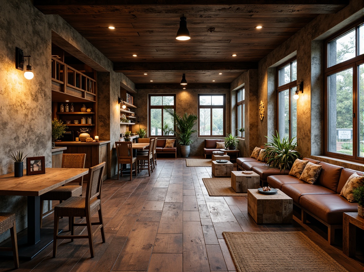 Prompt: Weathered wooden planks, rusty metal accents, distressed concrete walls, reclaimed wood furniture, earthy color palette, natural textiles, woven baskets, vintage decorative items, cozy ambient lighting, soft warm glow, shallow depth of field, 3/4 composition, realistic textures, ambient occlusion.