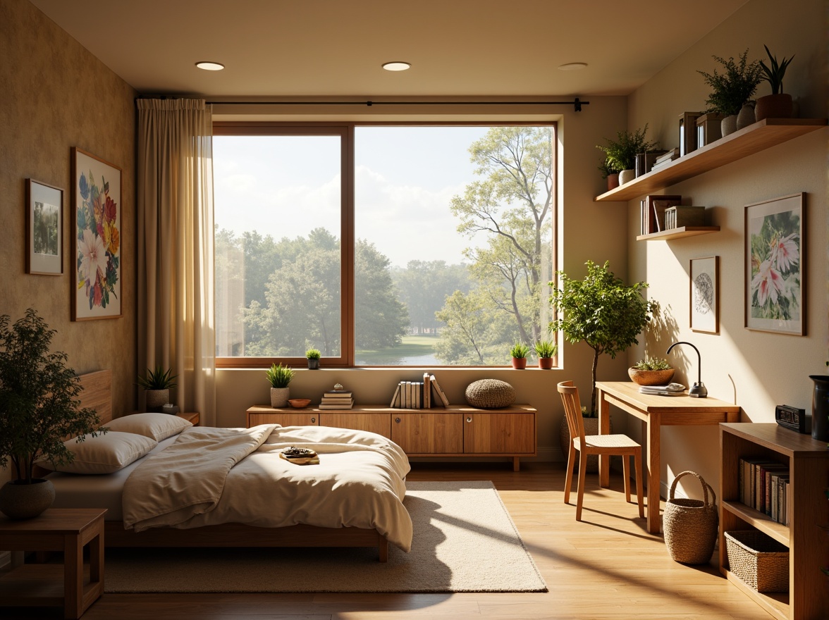 Prompt: Cozy dorm room, large windows, soft natural light, warm beige walls, comfortable bedding, wooden furniture, plants on shelves, calm atmosphere, morning sunlight, gentle shadows, 1/1 composition, shallow depth of field, realistic textures, ambient occlusion.