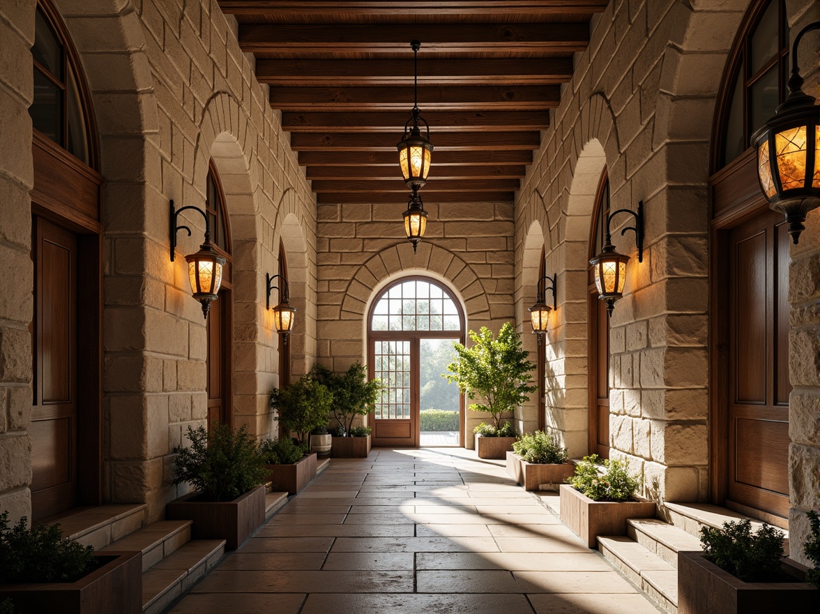 Prompt: Rustic stone walls, arched windows, ornate carvings, grand entrance halls, high ceilings, wooden beams, vintage lanterns, stained glass details, earthy color palette, natural light pouring in, warm afternoon ambiance, shallow depth of field, 1/1 composition, symmetrical framing, realistic textures, ambient occlusion.