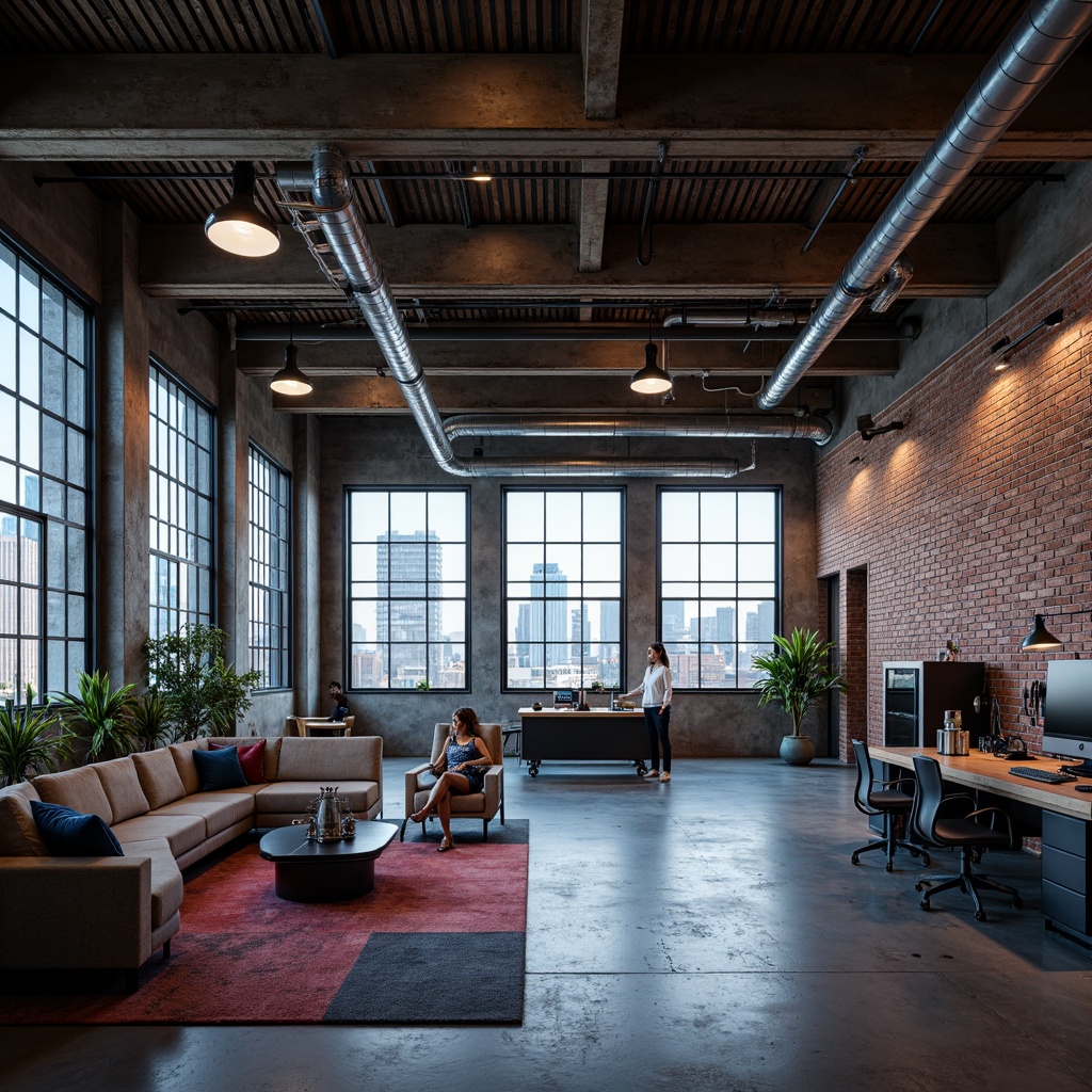 Prompt: Industrial chic loft, exposed brick walls, metal beams, polished concrete floors, minimalist decor, sleek lines, modern high-tech gadgets, futuristic lighting fixtures, neon accents, urban cityscape views, floor-to-ceiling windows, open-plan living areas, modular furniture, ergonomic seating, collaborative workspaces, virtual reality zones, 3D printing stations, smart home automation systems, ambient LED lighting, shallow depth of field, 2/3 composition, cinematic camera angles, realistic metallic textures, advanced particle simulations.