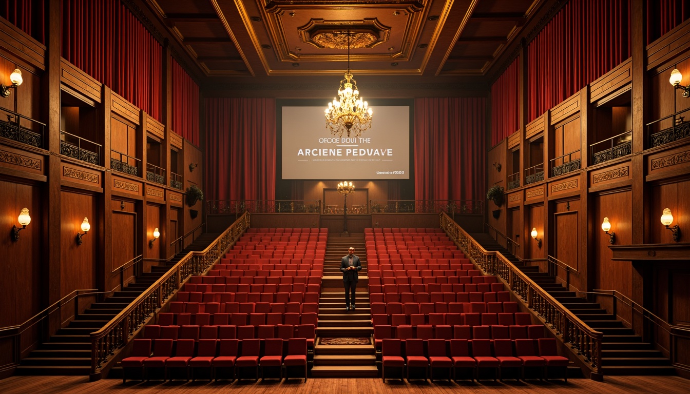 Prompt: Luxurious auditorium interior, rich velvet curtains, warm golden lighting, dark wood accents, plush red seats, ornate metal details, grand chandeliers, sophisticated sound systems, acoustic panels, dramatic spotlights, soft carpeting, elegant staircases, refined architectural lines, subtle texture contrasts, atmospheric ambiance, 1/2 composition, cinematic lighting, realistic reflections.