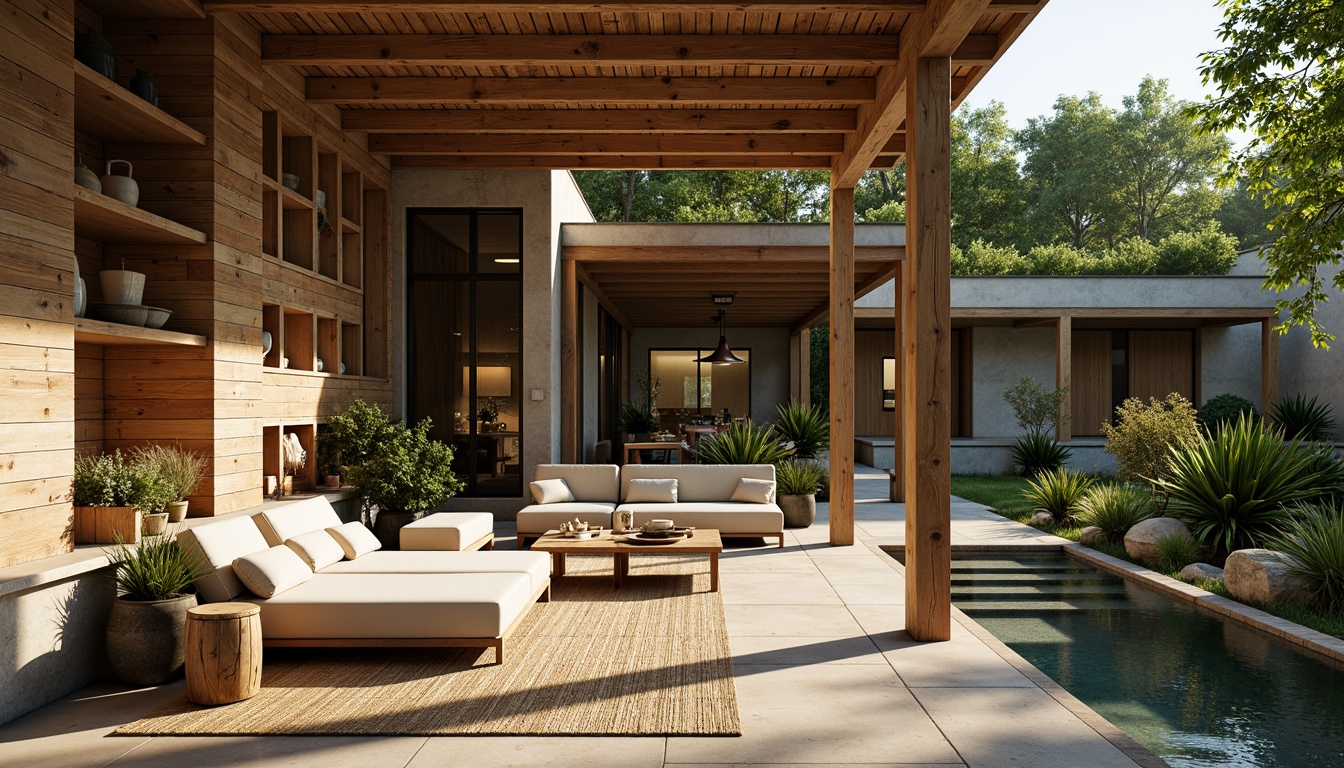 Prompt: Rustic wooden accents, reclaimed timber, natural stone walls, earthy color palette, organic textures, bamboo flooring, woven rattan furniture, living green roofs, lush vegetation, serene water features, minimalist decor, warm ambient lighting, soft shadows, 1/1 composition, realistic renderings, subtle depth of field.