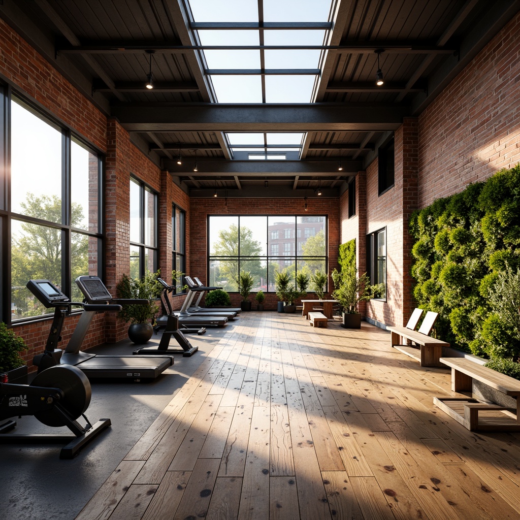 Prompt: Industrial chic fitness club, exposed brick walls, metal beams, reclaimed wood floors, modern gym equipment, free weights, treadmills, exercise bikes, natural stone accents, large windows, skylights, abundant daylight, warm soft lighting, high ceilings, open spaces, minimalist decor, urban loft atmosphere, vibrant greenery, living walls, natural textures, earthy color palette, organic shapes, dynamic shadows, 1/1 composition, realistic renderings, subtle ambient occlusion.