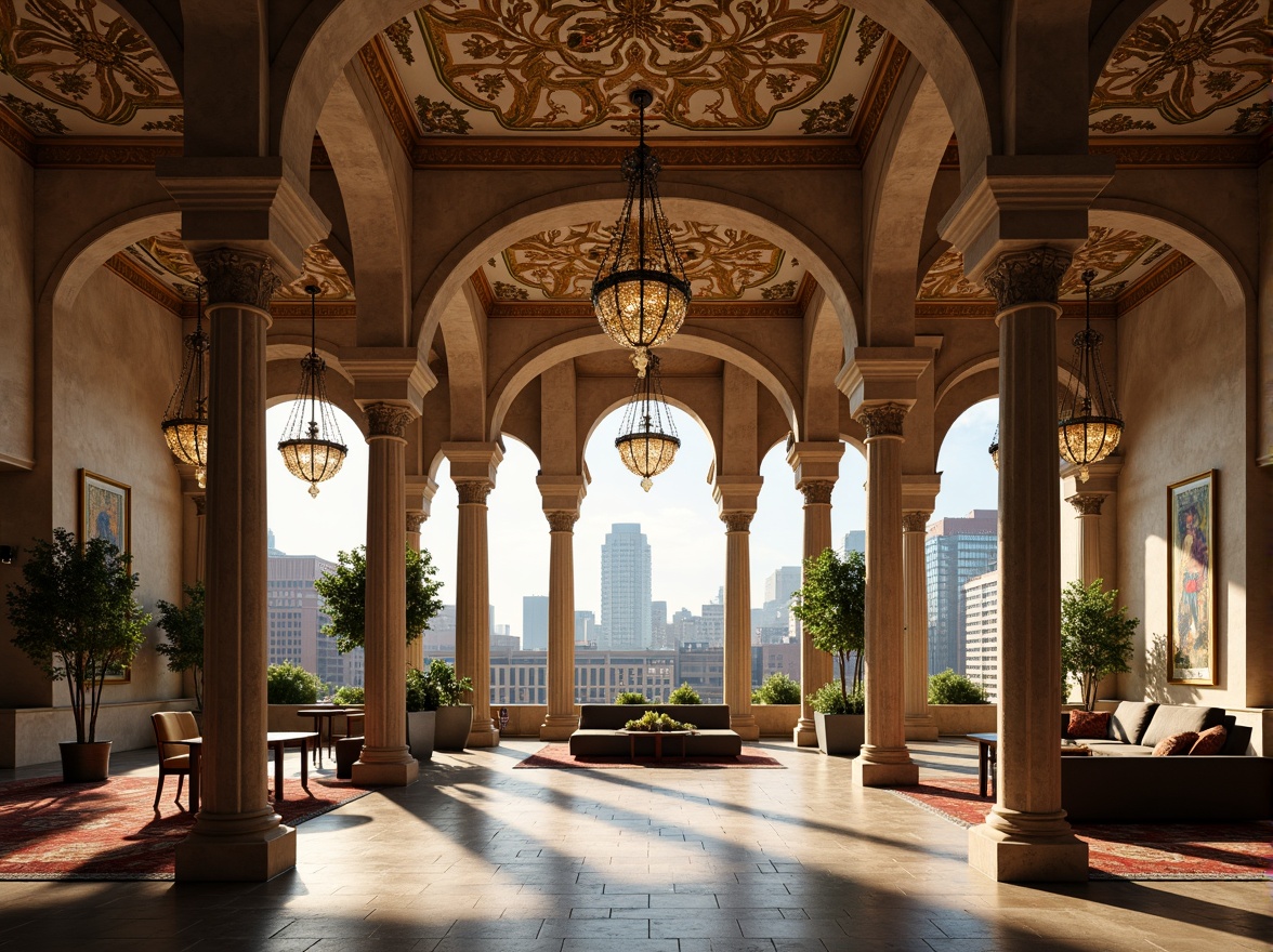 Prompt: Intricate arches, ornate columns, Byzantine-inspired architecture, luxurious apartment complex, grand entrance hall, high ceilings, marble floors, ornamental chandeliers, lavish furnishings, rich textiles, warm golden lighting, shallow depth of field, 1/1 composition, realistic textures, ambient occlusion, urban cityscape, bustling streets, modern amenities, rooftop gardens, panoramic views.