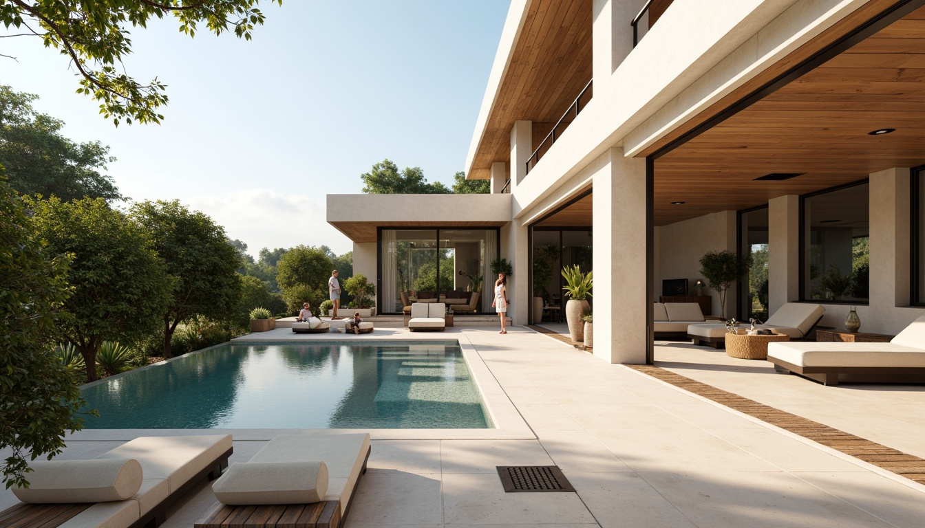 Prompt: Luxurious villa, modernist architecture, clean lines, minimal ornamentation, large windows, sliding glass doors, open-plan living spaces, high ceilings, polished concrete floors, warm beige walls, rich wood accents, sleek metal fixtures, subtle color palette, soft creamy whites, gentle grays, taupe undertones, earthy browns, muted blues, natural stone textures, lush greenery, serene outdoor spaces, sunny day, soft warm lighting, shallow depth of field, 3/4 composition, panoramic view, realistic textures, ambient occlusion.