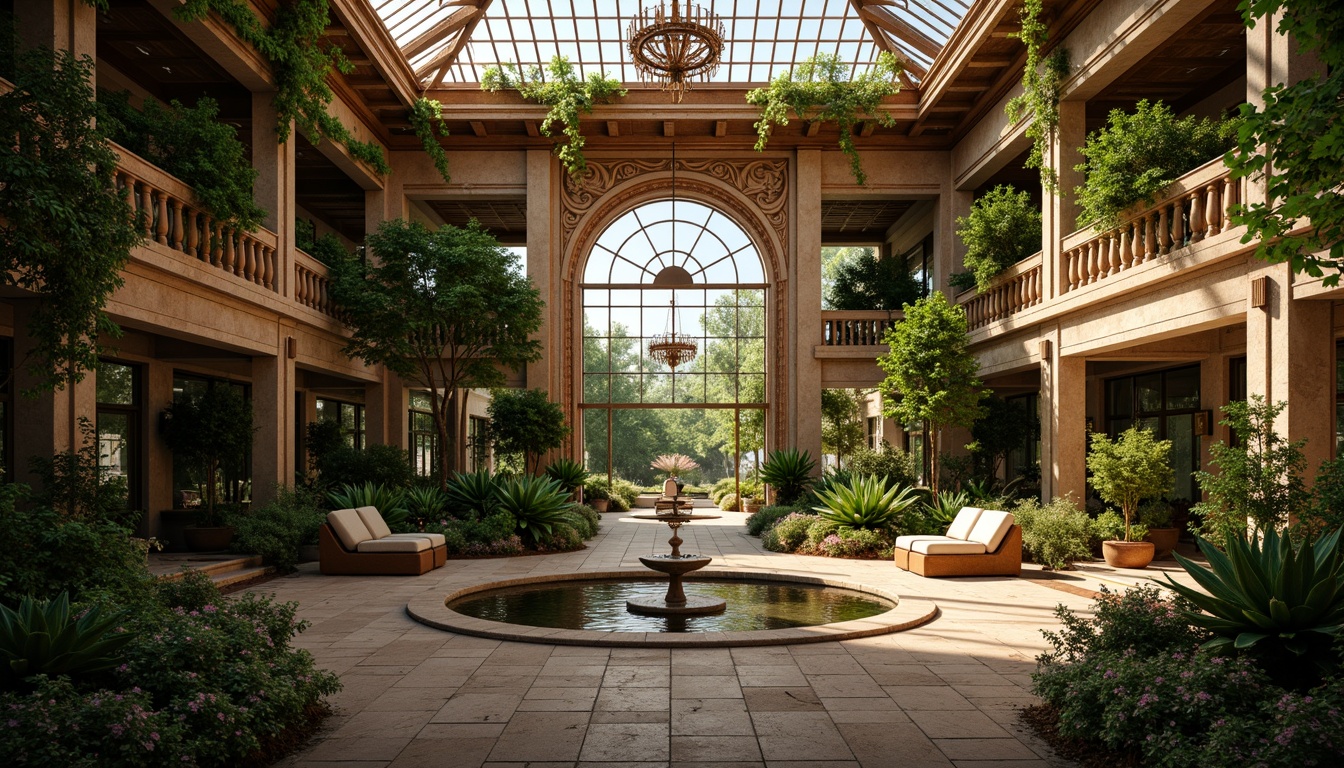 Prompt: Ornate greenhouse, lush tropical plants, delicate vines, intricate stone carvings, grandiose archways, ornamental fountains, soft natural lighting, warm golden tones, rustic wooden beams, elegant chandeliers, lavish furnishings, velvet drapes, rich textiles, Baroque-inspired patterns, curved lines, dramatic shadows, high contrast ratio, 1/2 composition, shallow depth of field, realistic reflections.