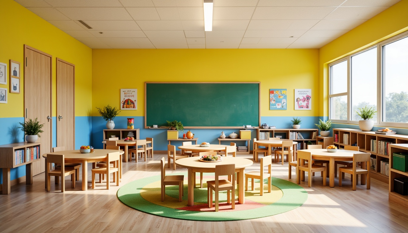 Prompt: Vibrant elementary school, playful kindergarten classroom, bright yellow walls, soft blue accents, green chalkboard, wooden desks, colorful rug, educational posters, natural light, warm beige floors, modern furniture, circular tables, collaborative learning spaces, cozy reading nooks, calming atmosphere, gentle lighting, shallow depth of field, 1/1 composition, realistic textures, ambient occlusion.