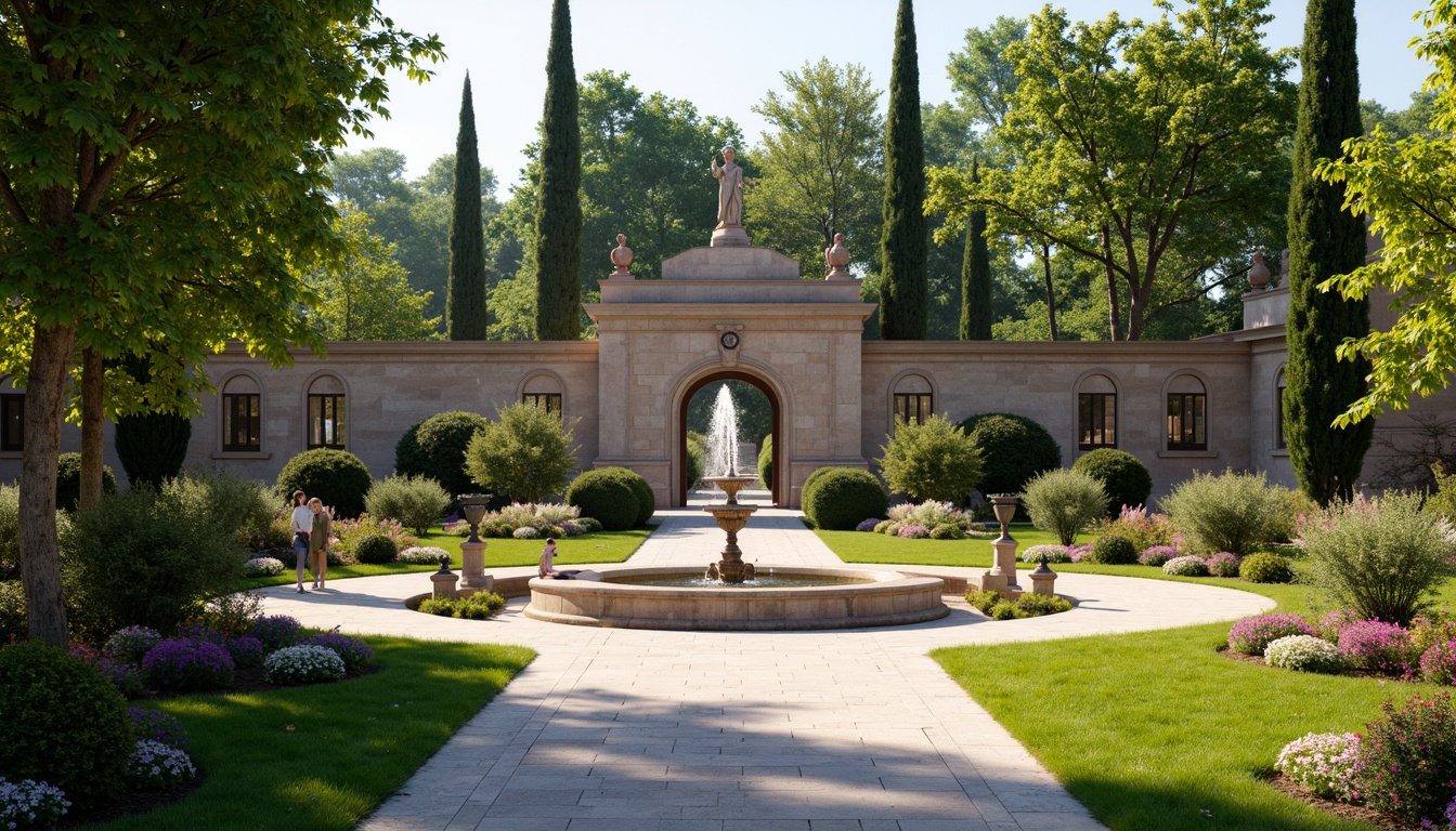 Prompt: Manicured lawn, ornate fountains, symmetrical pathways, majestic trees, blooming flowers, elegant statues, grand entrance gates, rustic stone walls, refined hedges, classical columns, ornamental urns, soft natural lighting, warm afternoon sun, shallow depth of field, 2/3 composition, serene atmosphere, realistic textures, ambient occlusion.