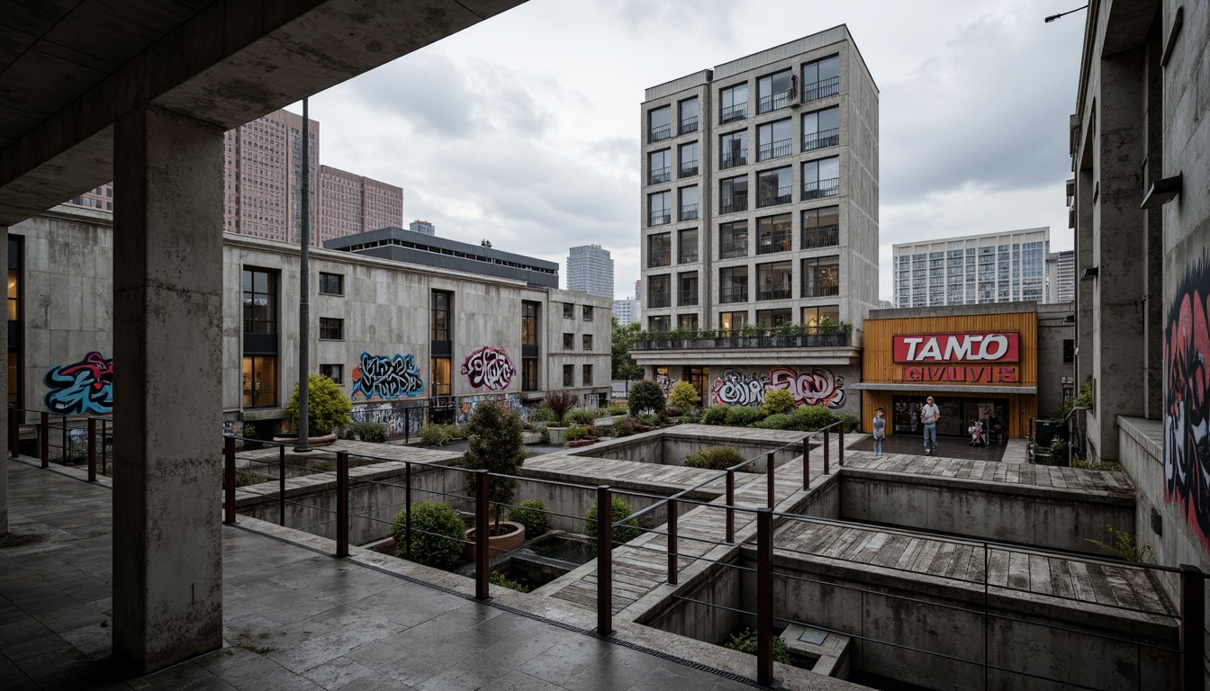 Prompt: Industrial urban landscape, brutalist architecture, exposed concrete walls, steel beams, minimalist decor, monochromatic color scheme, bold accent colors, vibrant street art, graffiti murals, urban textures, distressed finishes, reclaimed wood accents, industrial lighting fixtures, metal railings, cityscape views, cloudy skies, dramatic shadows, high contrast ratio, 1/2 composition, cinematic mood, gritty realism.