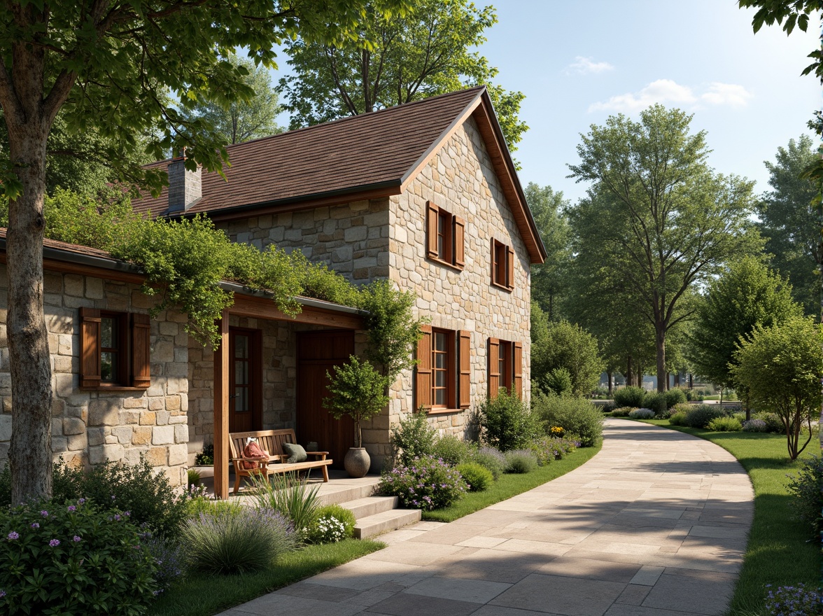 Prompt: Rustic rural cottage, natural stone walls, wooden shutters, earthy color palette, pitched roof, overhanging eaves, lush greenery, blooming wildflowers, winding country roads, serene countryside, warm sunny day, soft diffused lighting, shallow depth of field, 1/2 composition, intimate framing, realistic textures, ambient occlusion.