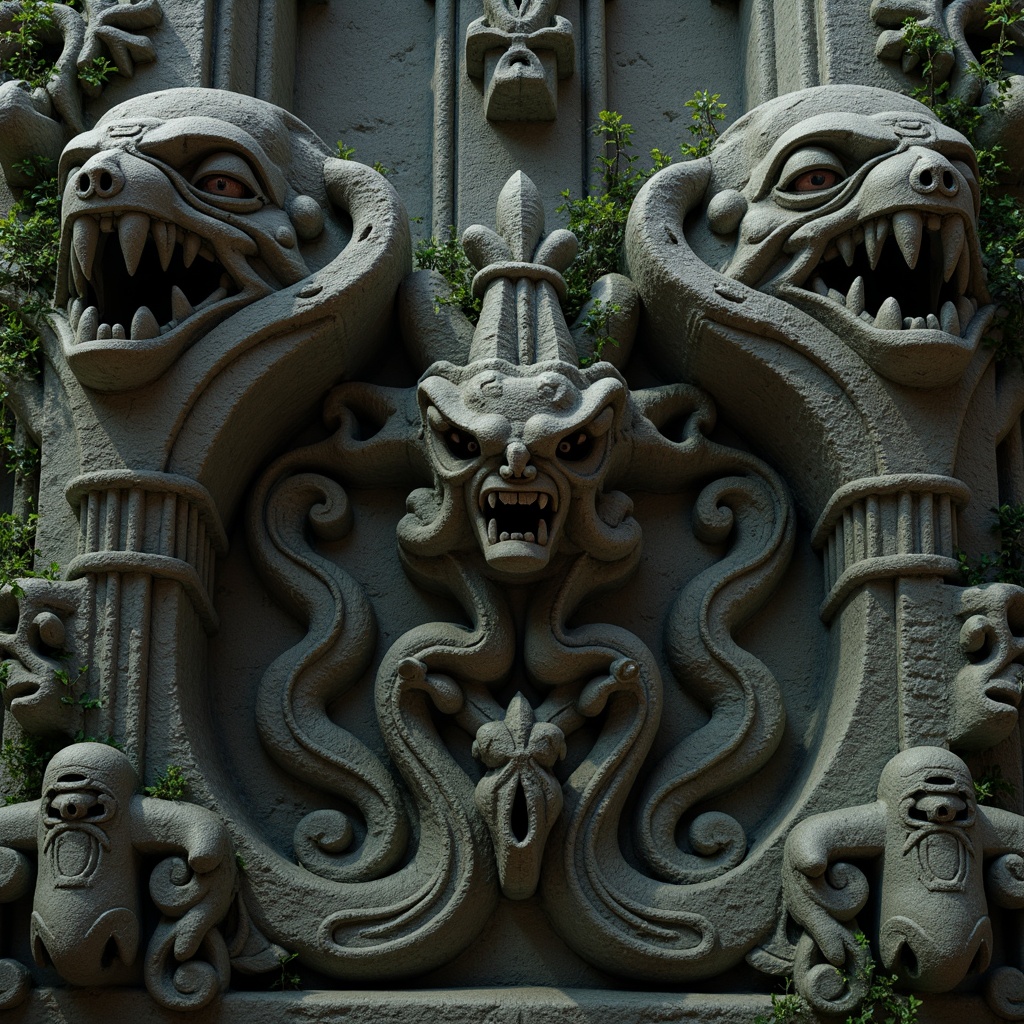 Prompt: Intricate stone carvings, grotesque faces, sharp teeth, menacing eyes, weathered granite, moss-covered surfaces, ancient cathedrals, Gothic architecture, ornate facades, pointed arches, ribbed vaults, flying buttresses, mystical creatures, mythical beings, dark mysterious atmosphere, eerie moonlight, dramatic shadows, high-contrast lighting, detailed textures, realistic stone patterns.