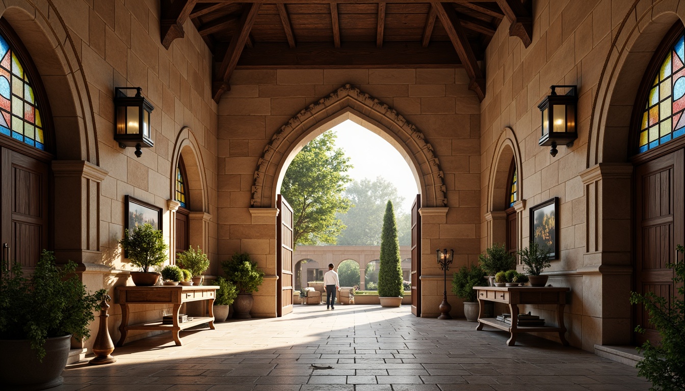 Prompt: Rustic stone walls, arched windows, ornate carvings, grand entrance halls, high ceilings, wooden beams, vintage lanterns, stained glass details, earthy color palette, natural light pouring in, warm afternoon ambiance, shallow depth of field, 1/1 composition, symmetrical framing, realistic textures, ambient occlusion.