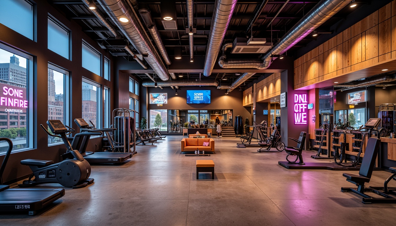 Prompt: Industrial chic fitness club, exposed ductwork, polished concrete floors, metallic accents, neon lighting, motivational quotes, modern gym equipment, free weights, cardio machines, mirrored walls, wooden lockers, urban loft-style ceilings, reclaimed wood features, industrial-style metal beams, vibrant color scheme, high-intensity lighting, dynamic shadows, 1/2 composition, dramatic angles, realistic textures, ambient occlusion.