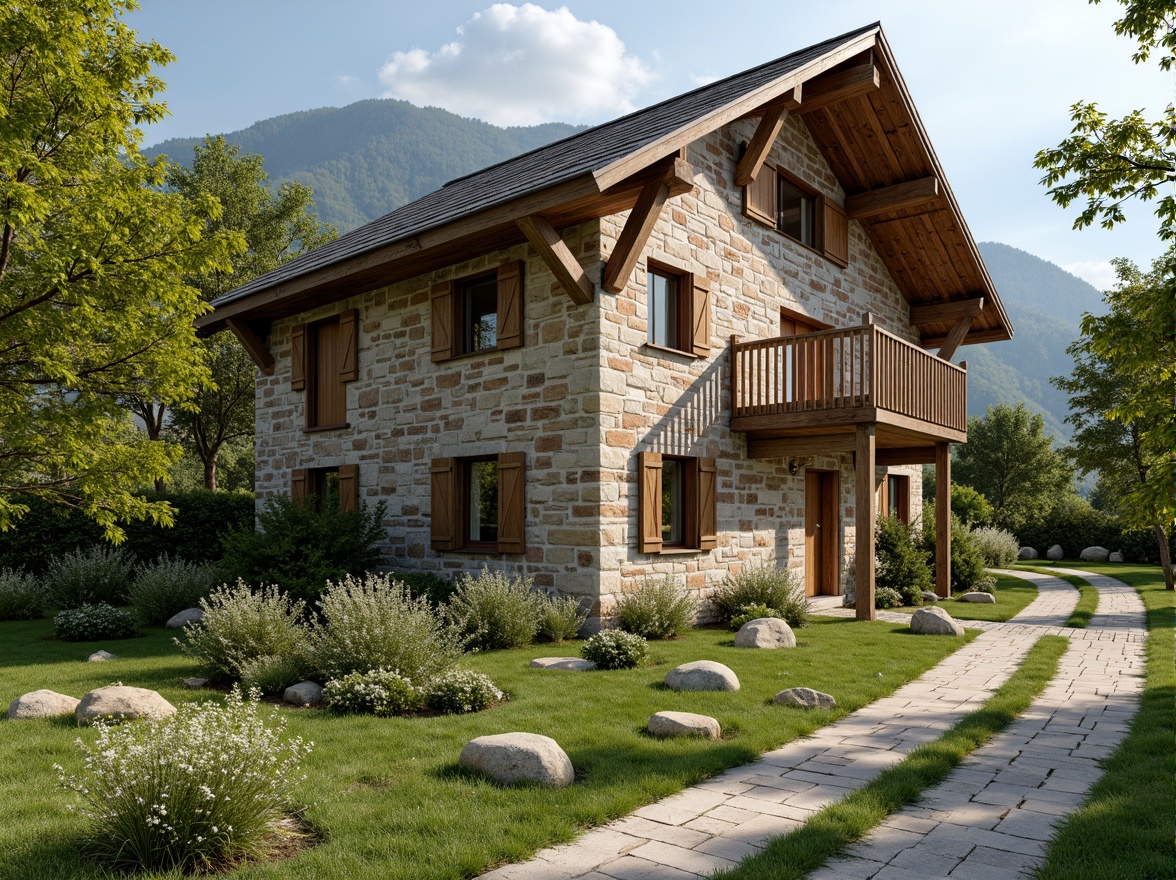 Prompt: Rustic rural cottage, natural stone walls, wooden shutters, earthy color palette, pitched roof, overhanging eaves, lush greenery, blooming wildflowers, winding country roads, serene countryside, warm sunny day, soft diffused lighting, shallow depth of field, 1/2 composition, intimate framing, realistic textures, ambient occlusion.