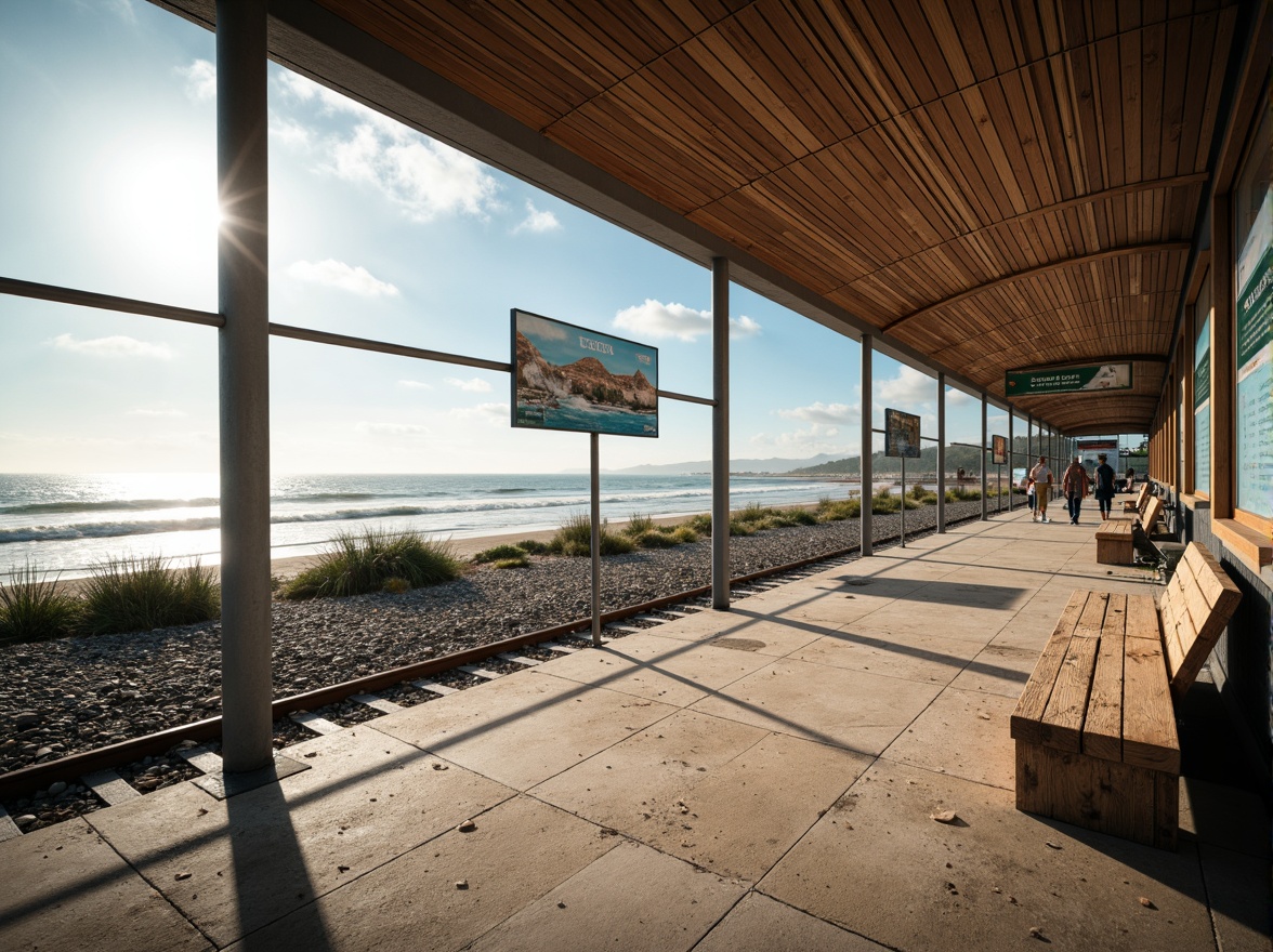 Prompt: Seaside train station, ocean views, waves crashing, salty air, nautical theme, modern architecture, curved lines, wooden accents, large windows, natural light, beach-inspired colors, sandy textures, driftwood benches, marine life displays, educational signs, tidal patterns, ocean breeze, soft warm lighting, shallow depth of field, 3/4 composition, panoramic view, realistic textures, ambient occlusion.