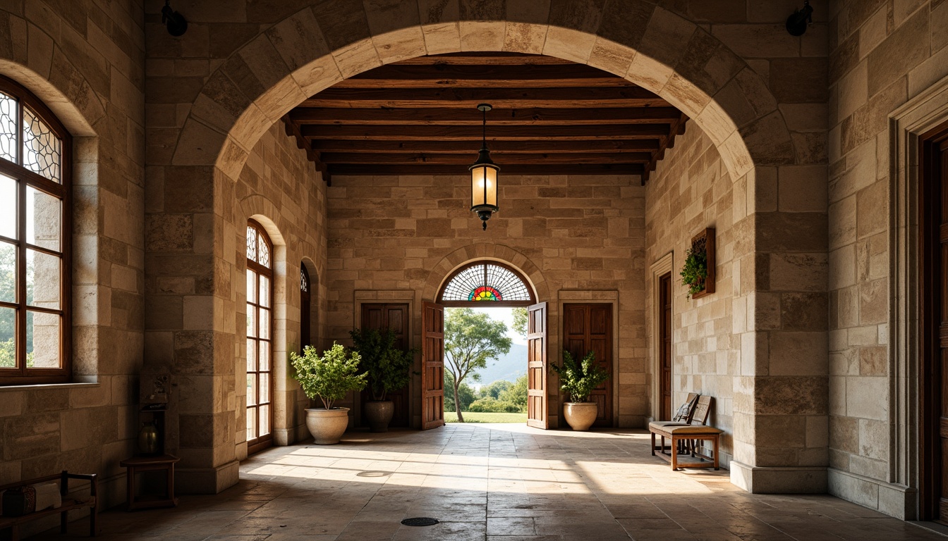 Prompt: Rustic stone walls, arched windows, ornate carvings, grand entrance halls, high ceilings, wooden beams, vintage lanterns, stained glass details, earthy color palette, natural light pouring in, warm afternoon ambiance, shallow depth of field, 1/1 composition, symmetrical framing, realistic textures, ambient occlusion.