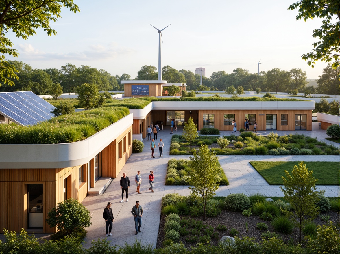 Prompt: Vibrant community center, lush green roofs, solar panels, wind turbines, rainwater harvesting systems, eco-friendly materials, recycled wood accents, natural stone walls, living walls, green spaces, organic gardens, community farming plots, educational signage, modern minimalist architecture, large windows, clerestory lighting, soft warm ambiance, shallow depth of field, 3/4 composition, panoramic view, realistic textures, ambient occlusion.