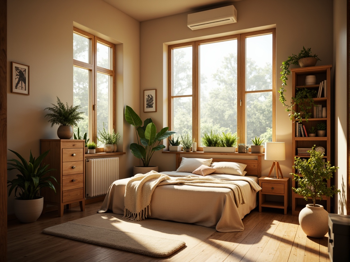 Prompt: Cozy dorm room, large windows, soft natural light, warm beige walls, comfortable bedding, wooden furniture, plants on shelves, gentle morning sunbeams, calming atmosphere, relaxing ambiance, soft shadows, 1/1 composition, shallow depth of field, realistic textures, ambient occlusion.