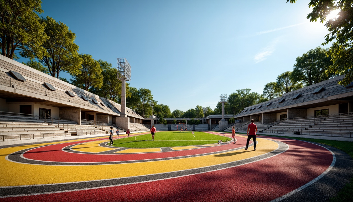 Prompt: Vibrant sports fields, eclectic mix of materials, contrasting textures, artificial turf, natural grass, weathered wood bleachers, metallic goalposts, colorful rubber tracks, bold graphic patterns, dynamic lighting, dramatic shadows, 1/1 composition, low-angle shot, realistic render, ambient occlusion, sunny day, soft warm atmosphere.