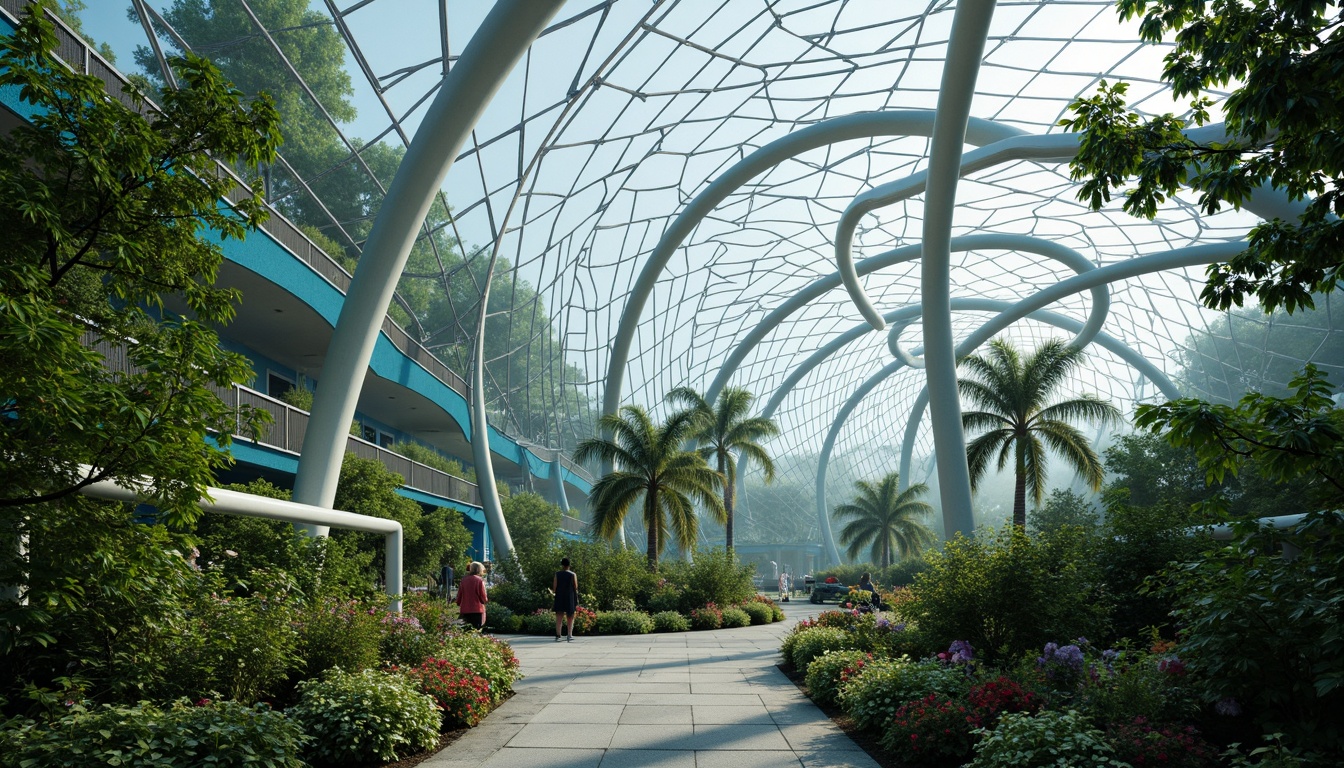 Prompt: Futuristic greenhouse, lush tropical plants, misty atmosphere, iridescent glass walls, curved metal framework, sustainable energy harvesting, solar panels, wind turbines, water recycling systems, green roofs, eco-friendly materials, innovative climate control, shaded outdoor spaces, misting systems, vibrant colorful accents, intricate geometric patterns, panoramic view, shallow depth of field, 3/4 composition, realistic textures, ambient occlusion.