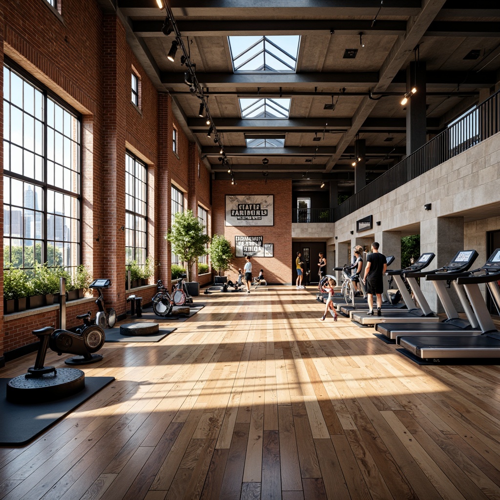 Prompt: Industrial chic fitness club, exposed brick walls, metal beams, reclaimed wood floors, modern gym equipment, free weights, treadmills, exercise bikes, natural stone accents, large windows, skylights, abundant daylight, warm soft lighting, high ceilings, open spaces, minimalist decor, urban loft atmosphere, vibrant color schemes, motivational quotes, fitness trackers, mirrored walls, rubber flooring, sound systems, energetic ambiance, dynamic camera angles, shallow depth of field, 1/2 composition, realistic textures, ambient occlusion.