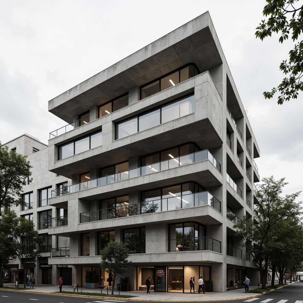 Prompt: Brutalist student hall, rugged concrete facade, bold geometric forms, cantilevered balconies, raw unfinished textures, industrial-style windows, minimalist ornamentation, functional simplicity, urban campus setting, overcast sky, dramatic shadows, high-contrast lighting, 1/1 composition, symmetrical framing, realistic materials, ambient occlusion.