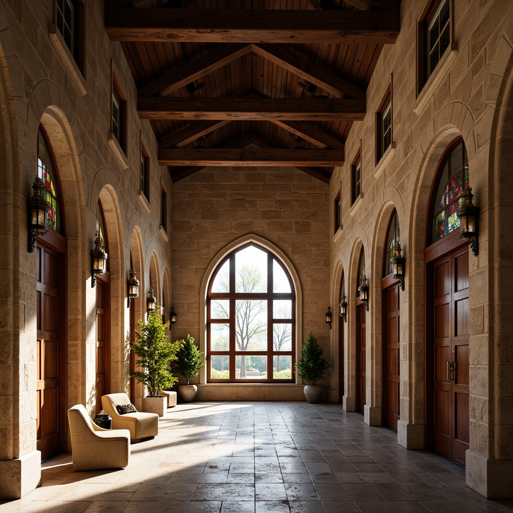 Prompt: Rustic stone walls, arched windows, ornate carvings, grand entrance halls, high ceilings, wooden beams, vintage lanterns, stained glass details, earthy color palette, natural light pouring in, warm afternoon ambiance, shallow depth of field, 1/1 composition, symmetrical framing, realistic textures, ambient occlusion.