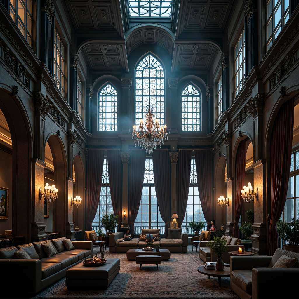 Prompt: Luxurious penthouse, Gothic Revival architecture, ornate stone carvings, grandiose archways, ribbed vaulted ceilings, stained glass windows, intricate ironwork, lavish furnishings, velvet drapes, crystal chandeliers, dark wood paneling, mysterious ambiance, dramatic lighting, cinematic composition, high contrast ratio, atmospheric fog, mystical atmosphere.