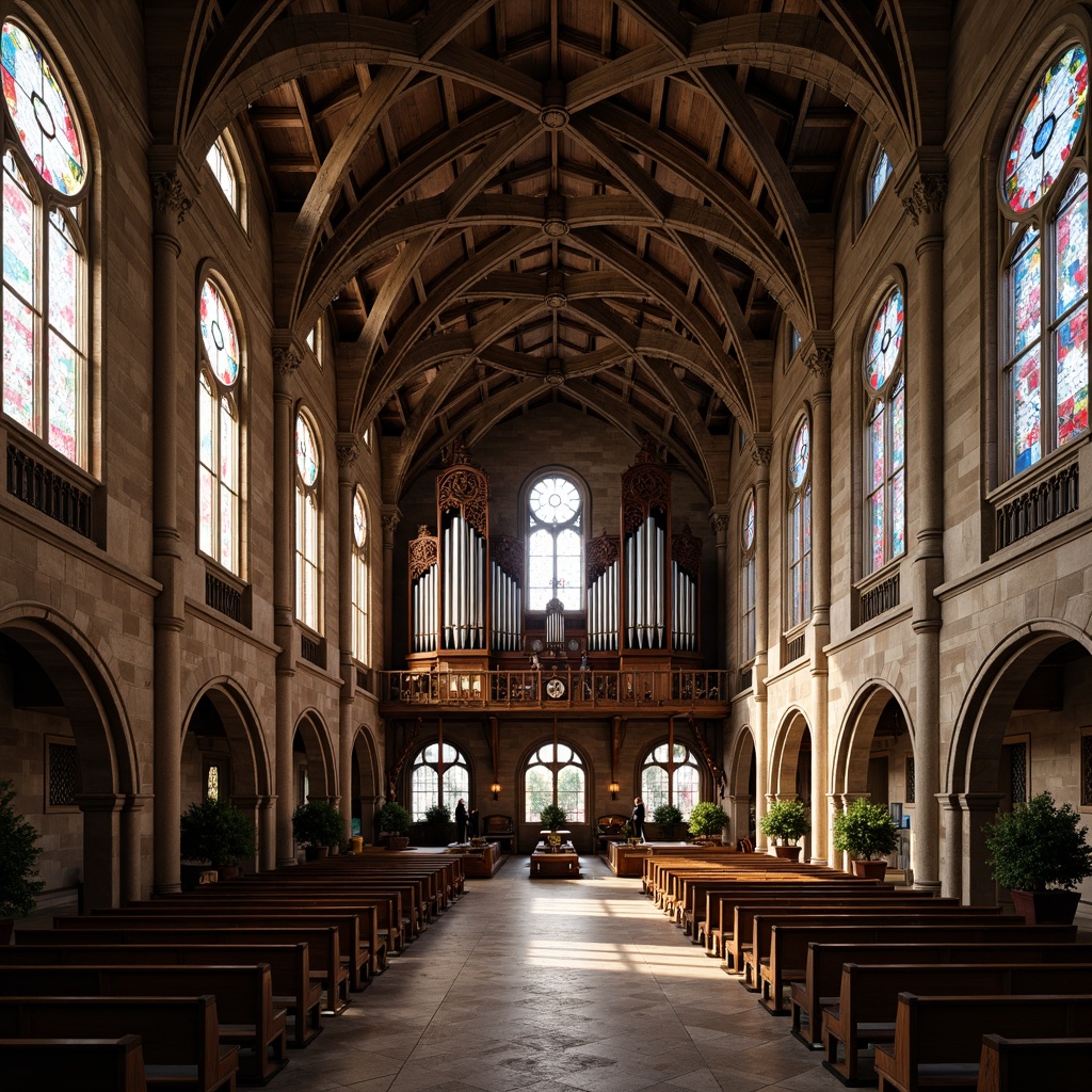 Prompt: Ancient stone walls, ornate wooden pews, stained glass windows, intricate marble floors, rustic brick arches, vaulted ceilings, grandiose pipe organs, luxurious velvet drapes, weathered copper roofs, distressed wood accents, smooth limestone columns, ornamental metalwork, mystical ambiance, warm soft lighting, high contrast ratio, dramatic shadows, 1/2 composition, symmetrical framing, realistic reflections, subtle ambient occlusion.