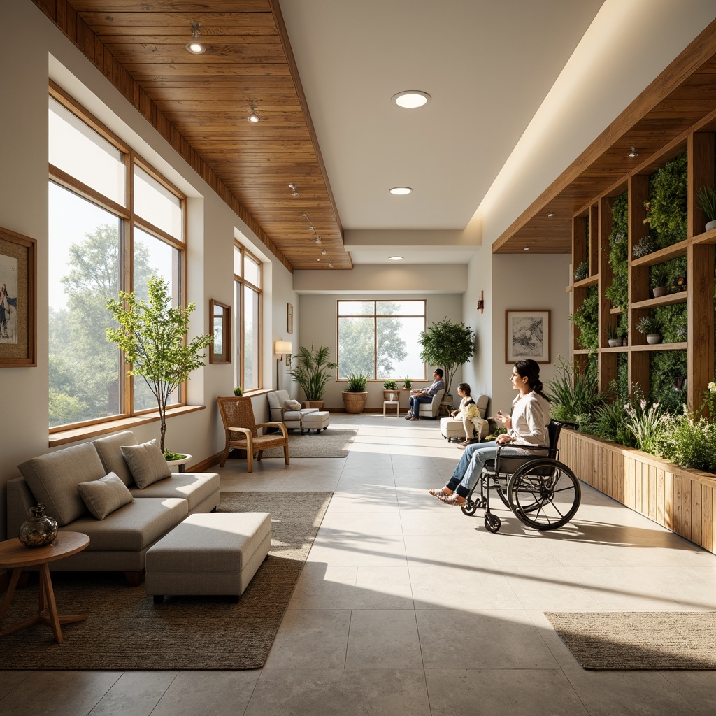 Prompt: Calming rehabilitation center, natural materials, reclaimed wood accents, soothing color palette, comfortable seating areas, adaptive furniture, wheelchair-accessible pathways, non-slip flooring, gentle lighting, acoustic panels, sound-absorbing textiles, air purification systems, living green walls, organic shapes, minimalist decor, ergonomic design, warm neutral tones, soft diffused light, 1/1 composition, shallow depth of field, realistic textures.